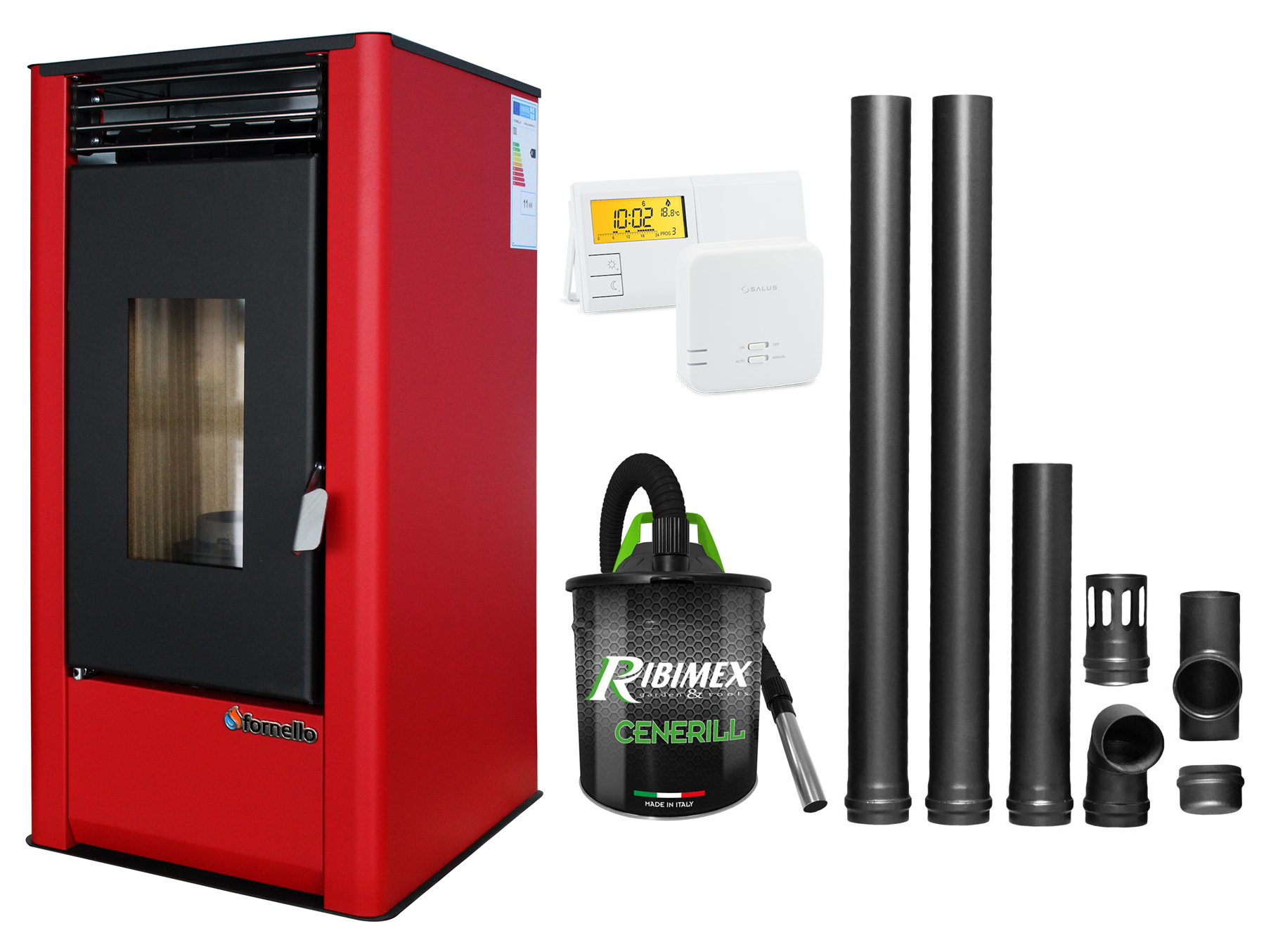 Pachet complet pentru incalzire Semineu (Soba) pe Peleti cu aer cald Fornello Air SmartPell 11 KW, culoare Bordeaux, termostat ambiental, aspirator de cenusa si kit de evacuare 2,5 metri Sobe pe peleti