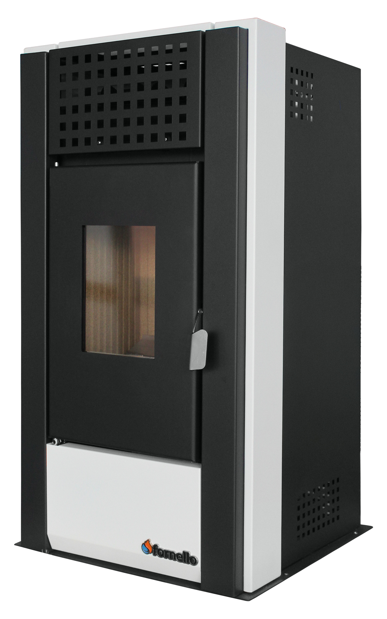 Pachet complet pentru incalzire Semineu (Soba) pe Peleti cu aer cald Fornello Magnesia 9 KW culoare White termostat ambiental aspirator de cenusa si kit de evacuare 35 metri