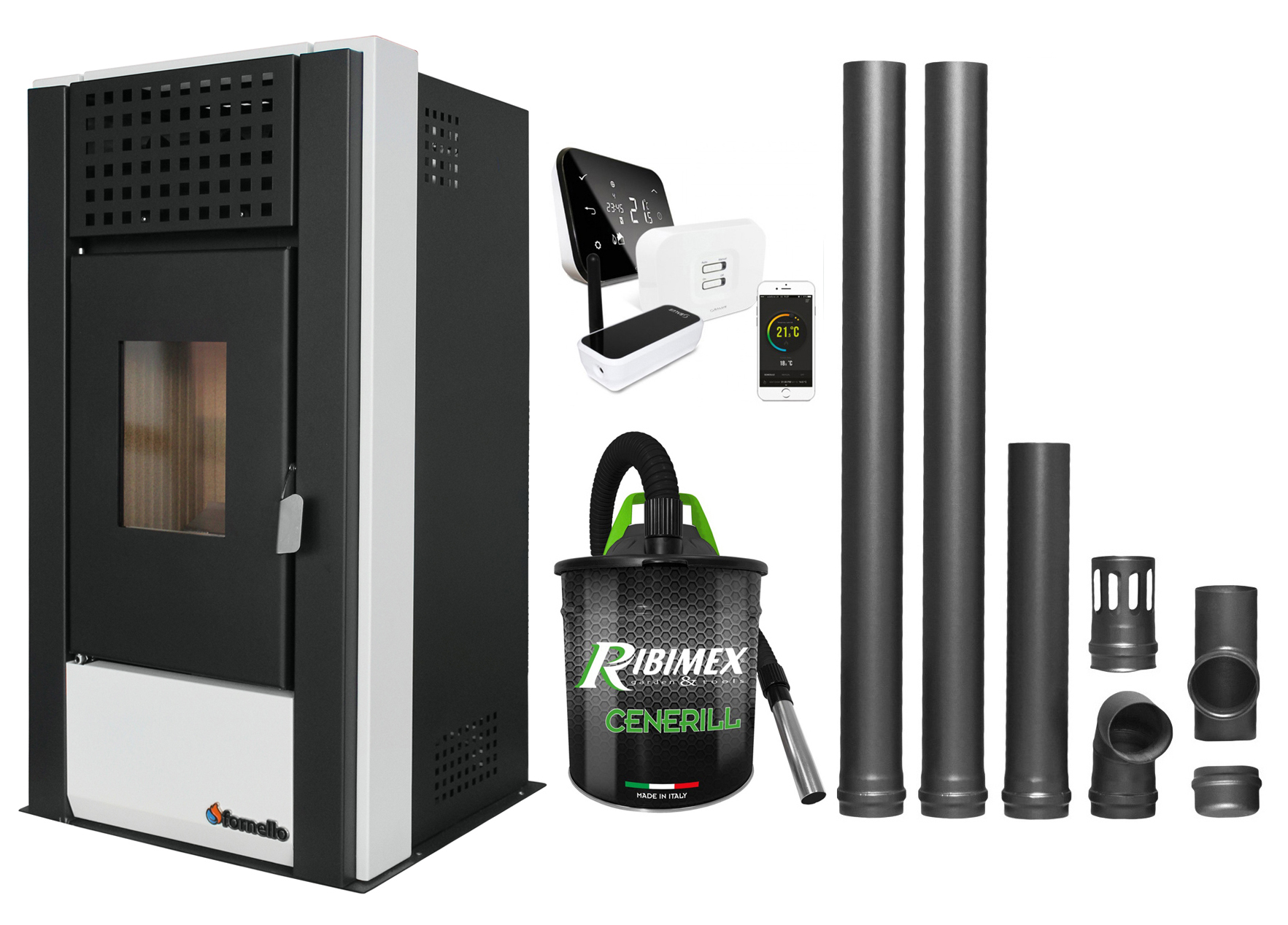 Pachet complet pentru incalzire cu control de la distanta format din Semineu (Soba) pe Peleti cu aer cald Magnesia 9 KW, culoare White, termostat ambiental Salus IT 500, aspirator de cenusa si kit de evacuare 2,5 metri Sobe pe peleti