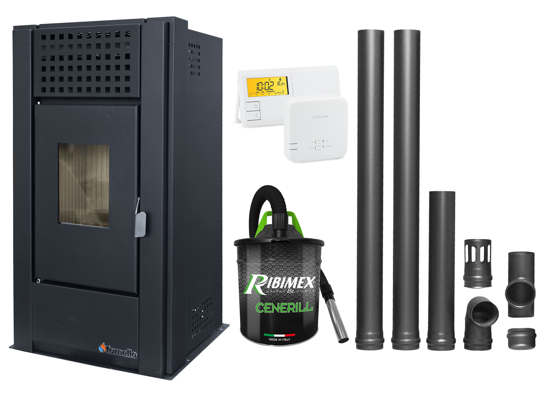 Pachet complet pentru incalzire Semineu (Soba) pe Peleti cu aer cald Fornello Magnesia 9 KW, culoare Black, termostat ambiental, aspirator de cenusa si kit de evacuare 2,5 metri Sobe pe peleti