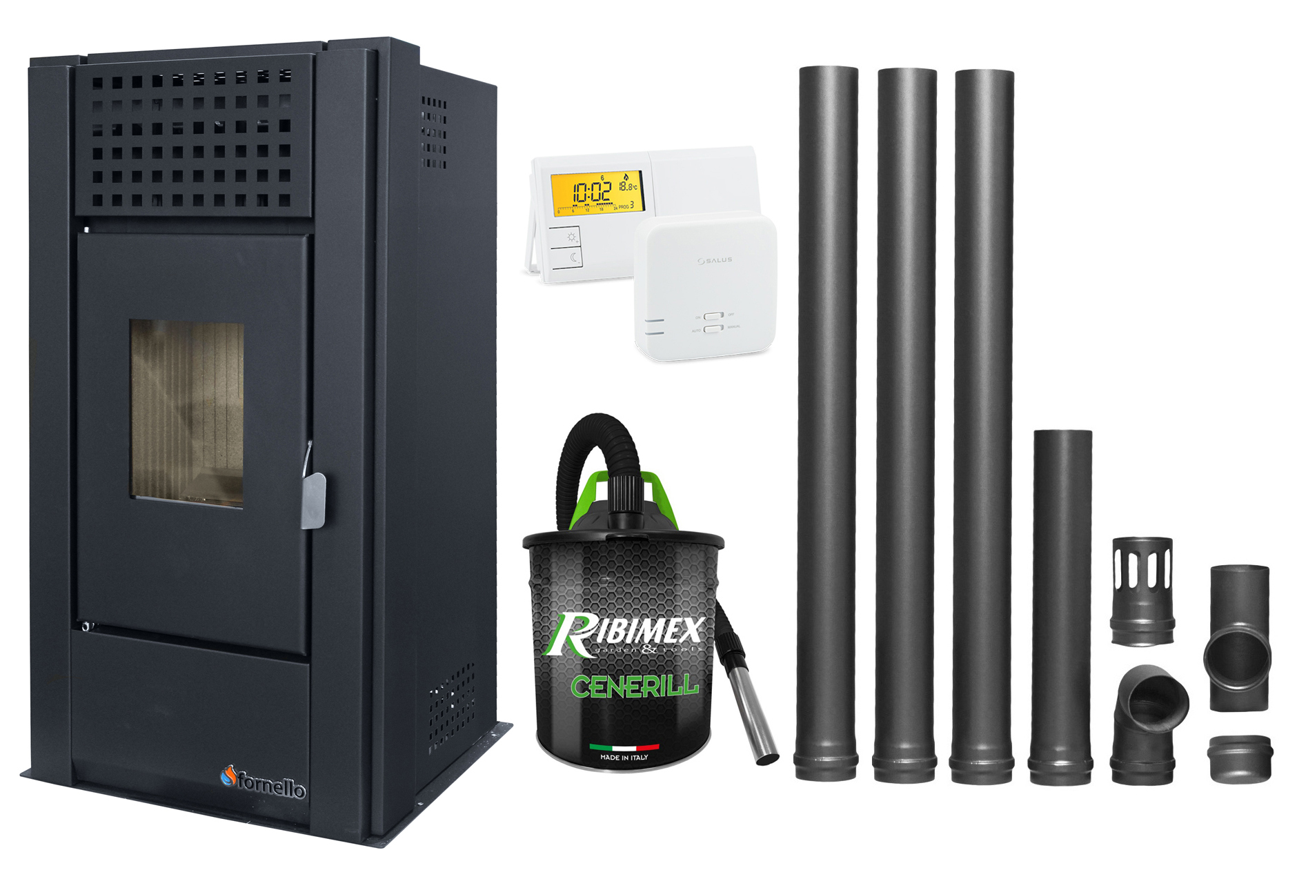 Pachet complet pentru incalzire Semineu (Soba) pe Peleti cu aer cald Fornello Magnesia 9 KW, culoare Black, termostat ambiental, aspirator de cenusa si kit de evacuare 3,5 metri Sobe pe peleti
