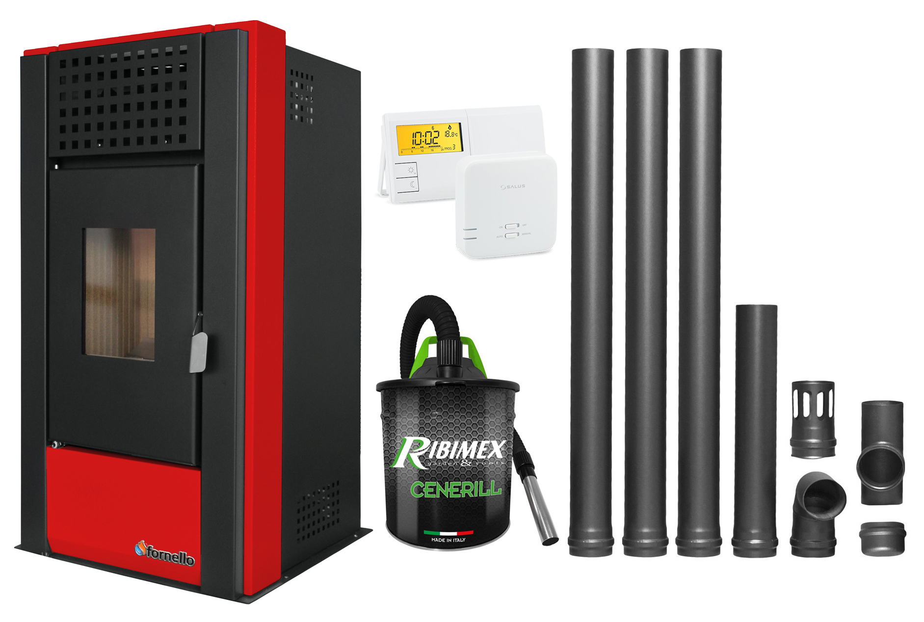 Pachet complet pentru incalzire Semineu (Soba) pe Peleti cu aer cald Fornello Magnesia 9 KW, culoare Bordeaux, termostat ambiental, aspirator de cenusa si kit de evacuare 3,5 metri Sobe pe peleti