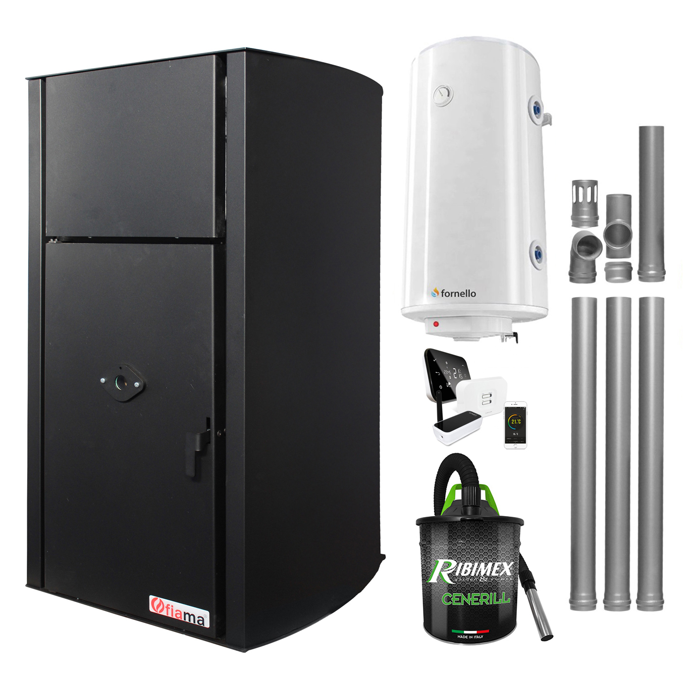 Pachet control de la distanta, Centrala pe peleti Fiama Confort  B 25 kw, complet echipata pentru incalzire, Pompa, Vas expansiune, Automatizare, Boiler 100 litri, Termostat Salus IT 500, Aspirator Cenusa si Kit evacuare 3.5 ml