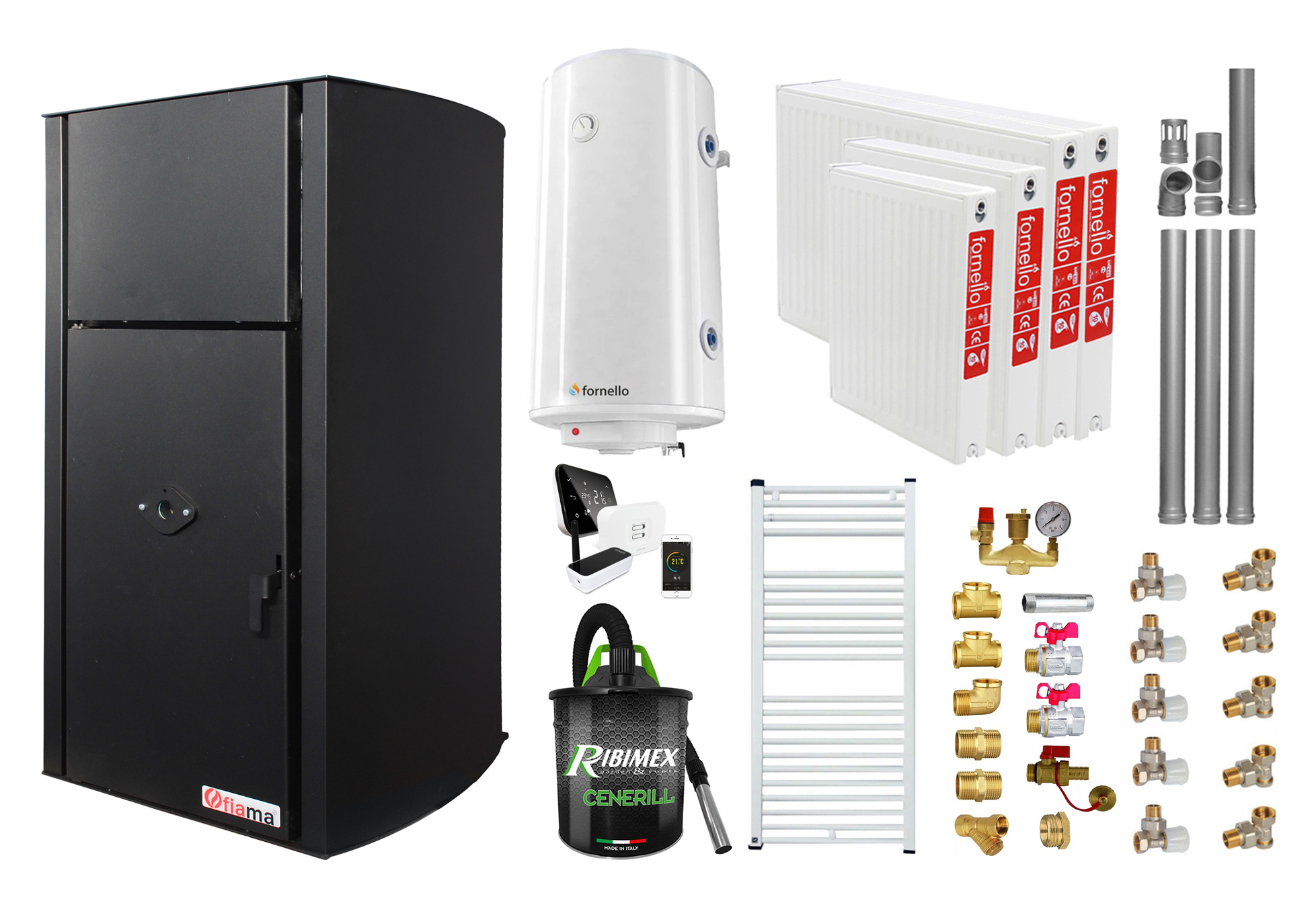 Pachet control de la distanta, Centrala pe peleti Fiama Confort B 25 kw, Pompa, Vas expansiune, Automatizare, Radiatoare otel, Boiler 100 litri, Termostat, Aspirator, Kit evacuare 3.5 ml si Fitinguri montaj