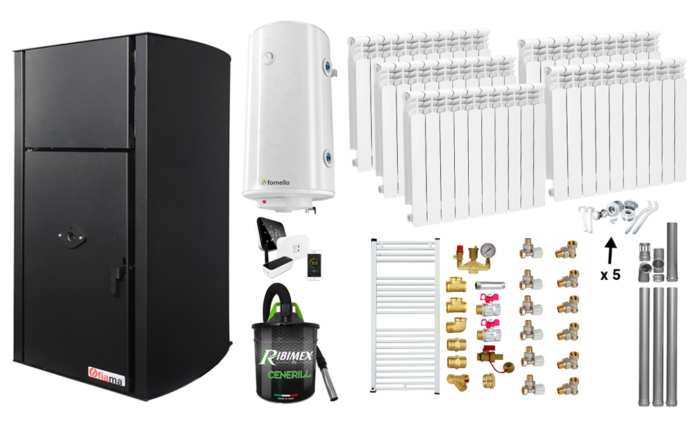 Pachet control de la distanta, Centrala pe peleti Fiama Confort  B 25 kw, Pompa, Vas expansiune, Automatizare, Calorifere aluminiu, Boiler 100 litri, Termostat, Aspirator, Kit 3.5 ml si Fitinguri montaj