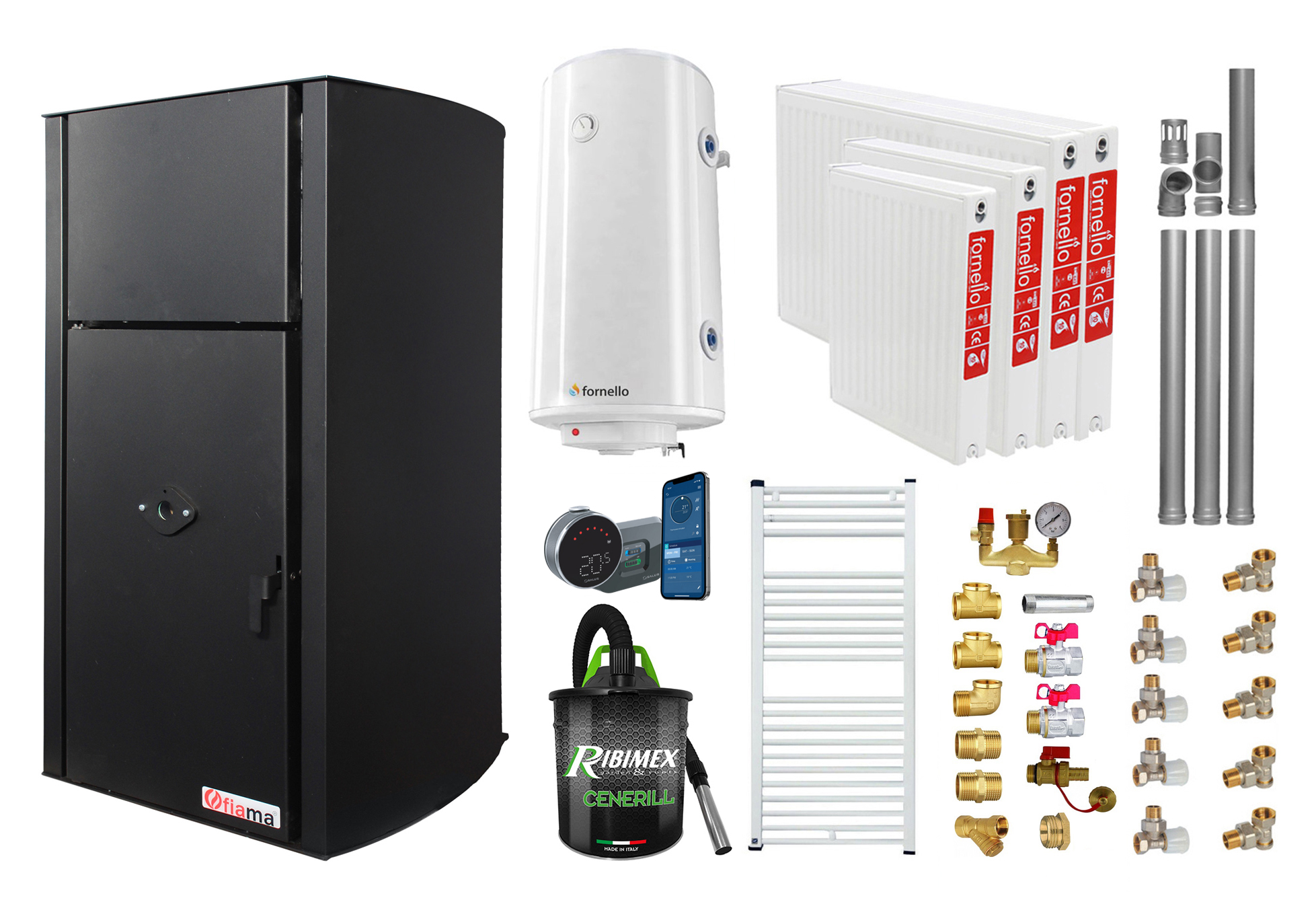 Pachet control de la distanta, Centrala pe peleti Fornello Fiama Confort B 25 kw, Pompa, Vas expansiune, Automatizare, Radiatoare otel, Boiler 100 litri, Termostat, Aspirator, Kit evacuare 3.5 ml si Fitinguri montaj Centrale pe peleti Fornello