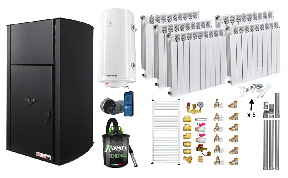 Pachet control de la distanta, Centrala pe peleti Fornello Fiama Confort  B 25 kw, Pompa, Vas expansiune, Automatizare, Calorifere aluminiu Fornello Alvo, Boiler 100 litri, Termostat, Aspirator, Kit 3.5 ml si Fitinguri montaj Centrale pe peleti Fornello