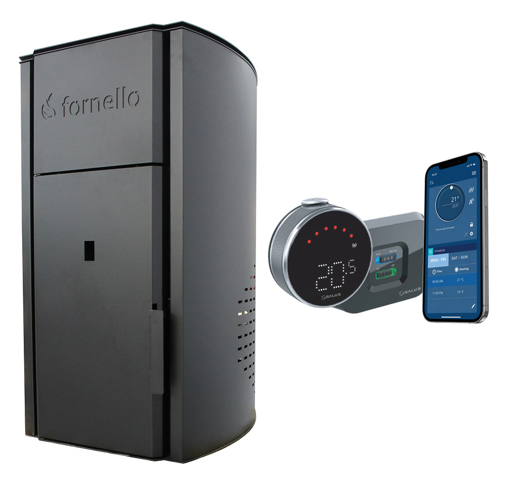 Pachet control de la distanta Centrala pe peleti Fornello Royal BLACK 30 kw complet  echipat cu pompa de circulatie vas expansiune supapa de siguranta  buncar 30 kg automatizare culoare  negru pana la 200 mp si termostat Wi-Fi Salus IT 500