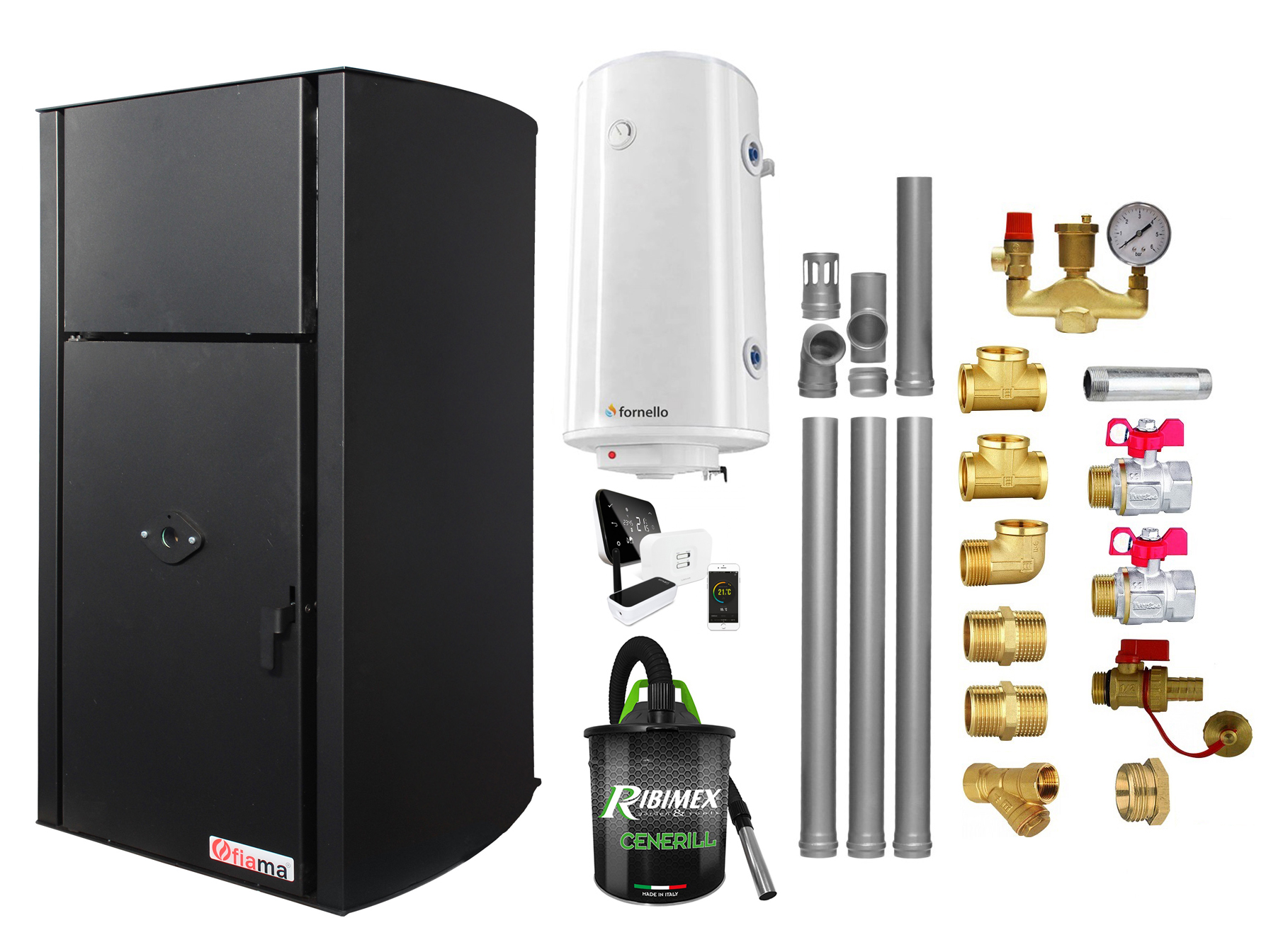 Pachet control de la distanta Centrala pe peleti Fornello Fiama Confort B 30 kW, cu pompa, vas expansiune, automatizare, boiler, termostat, aspirator, kit evacuare 3.5 ml, Fitinguri, buncar 35 kg, tiraj fortat, culoare black, pana la 200 mp