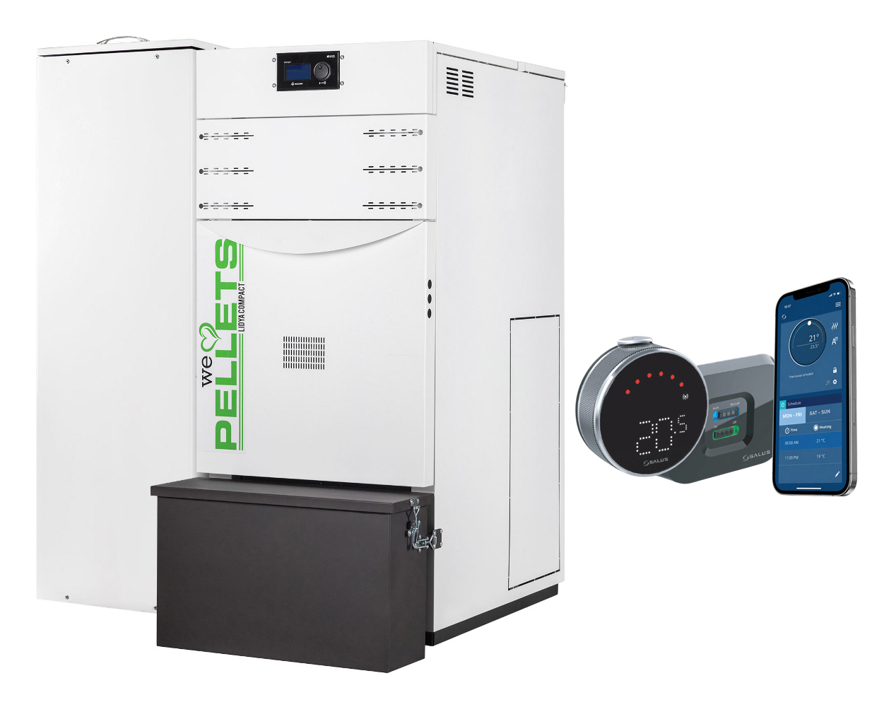 Pachet control de la distanta Centrala termica automata pe peleti Fornello Lidya Compact Prestige 25 kwpompa Grundfos vas manometru supapa arzator inox curatare automata arzator / schimbator de caldura si termostat Wi-Fi Salus IT 500