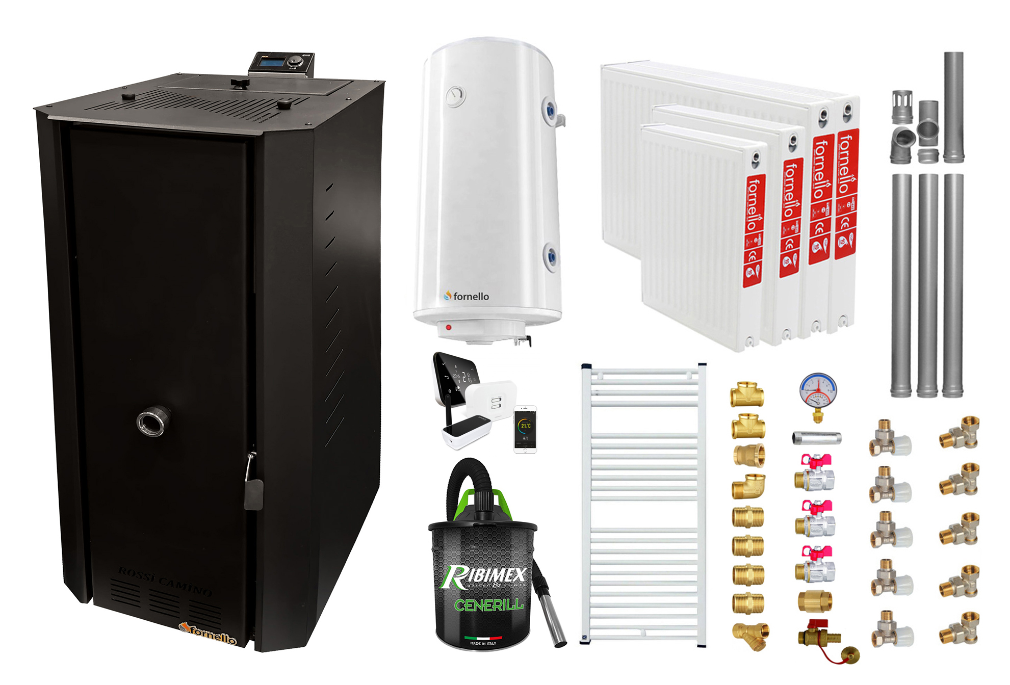 Pachet control de la distanta Centrala termica pe peleti Fornello Rossi B Black 25 kw, pompa, vas expansiune, tiraj fortat, Boiler Termoelectric Fornello 100 l, Termostat Salus IT500, Aspirator, Kit evacuare 3.5 ml, Fitinguri montaj si Radiatoare Centrale pe peleti
