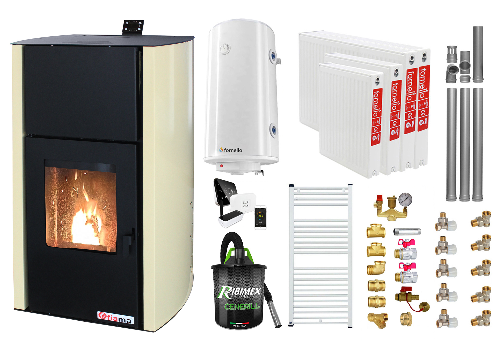 Pachet control de la distanta, Termosemineu pe peleti Fiama Confort 25 kw, Pompa, Vas expansiune, Automatizare, Radiatoare otel, Boiler 100 litri, Termostat, Aspirator, Kit 3.5 ml si Fitinguri montaj