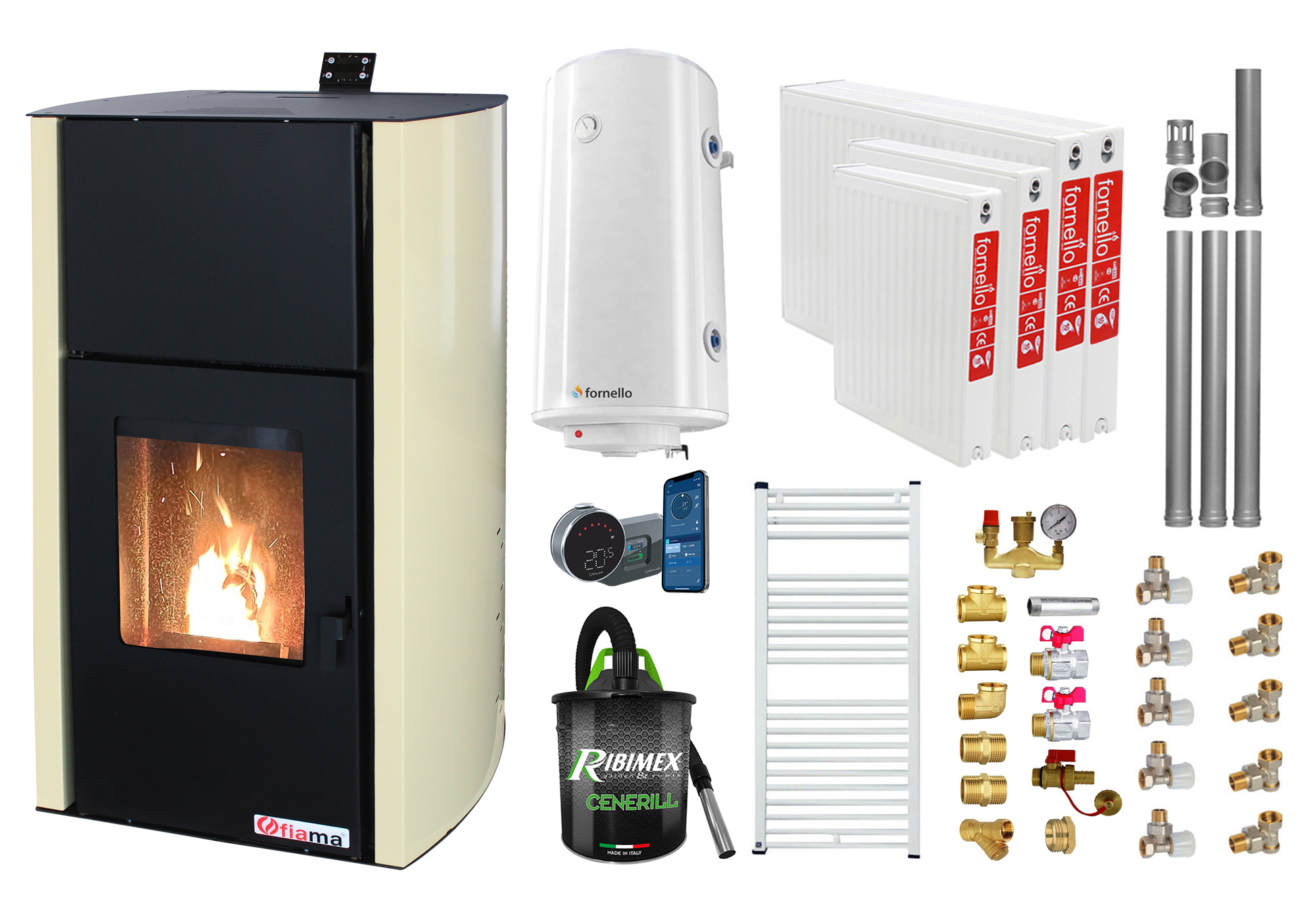 Pachet control de la distanta Termosemineu pe peleti Fornello Fiama Confort 25 kw Pompa Vas expansiune Automatizare Radiatoare otel Boiler 100 litri Termostat Aspirator Kit 3.5 ml si Fitinguri montaj