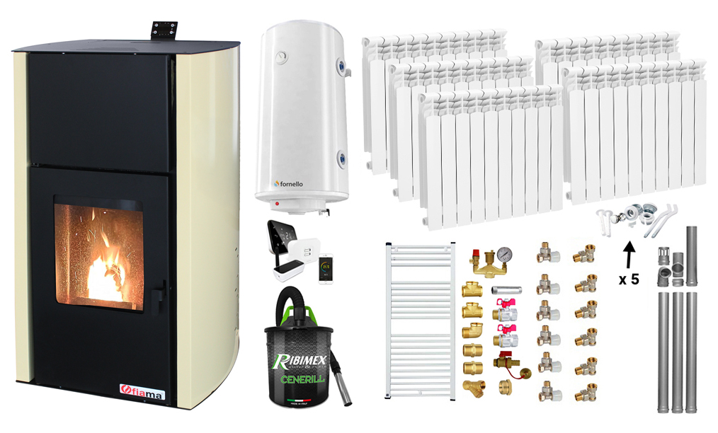 Pachet control de la distanta, Termosemineu pe peleti Fiama Confort 25 kw, Pompa, Vas expansiune, Automatizare, Calorifere aluminiu, Boiler 100 litri, Termostat, Aspirator, Kit 3.5 ml si Fitinguri montaj
