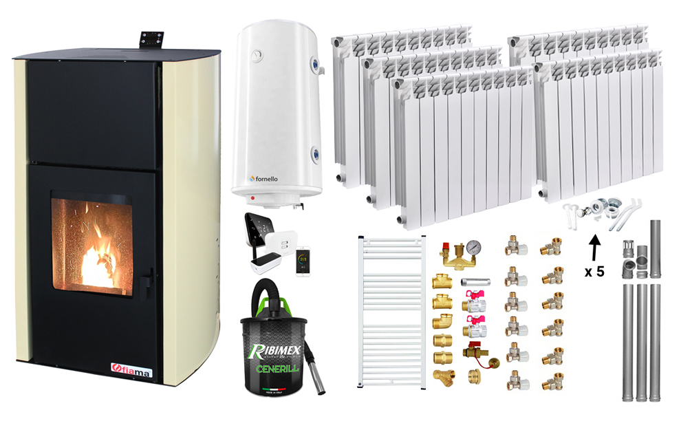 Pachet control de la distanta, Termosemineu pe peleti Fornello Fiama Confort 25 kw, Pompa, Vas expansiune, Automatizare, Calorifere aluminiu Fornello Alvo, Boiler 100 litri, Termostat, Aspirator, Kit 3.5 ml si Fitinguri montaj