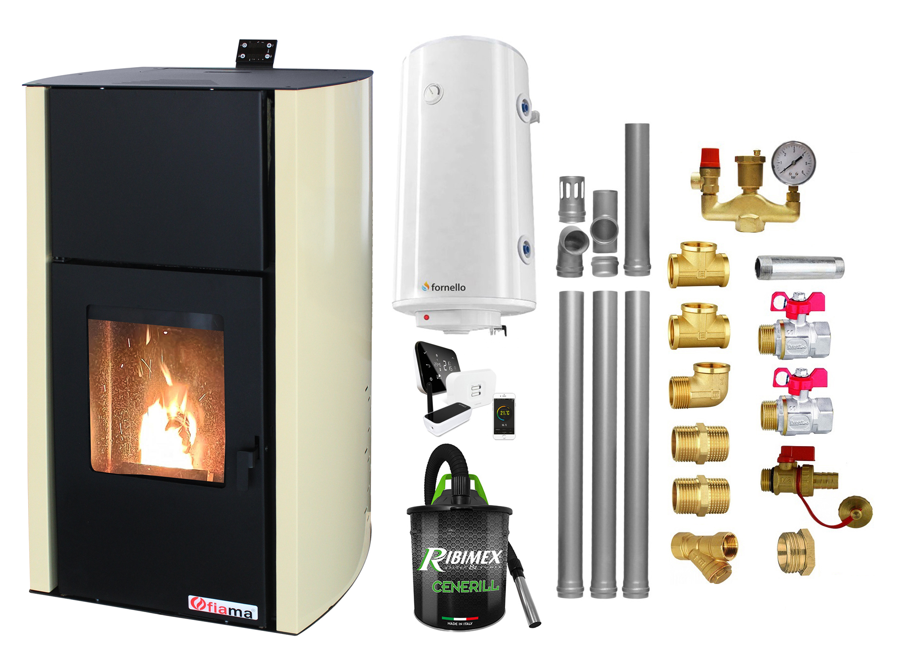 Pachet control de la distanta, Termosemineu pe peleti Fiama Confort 13 kw, complet echipat pentru incalzire, Pompa, Vas expansiune, Automatizare, Boiler 100 litri, Termostat Salus IT 500, Aspirator, Kit evacuare 3.5 ml si Fitinguri montaj