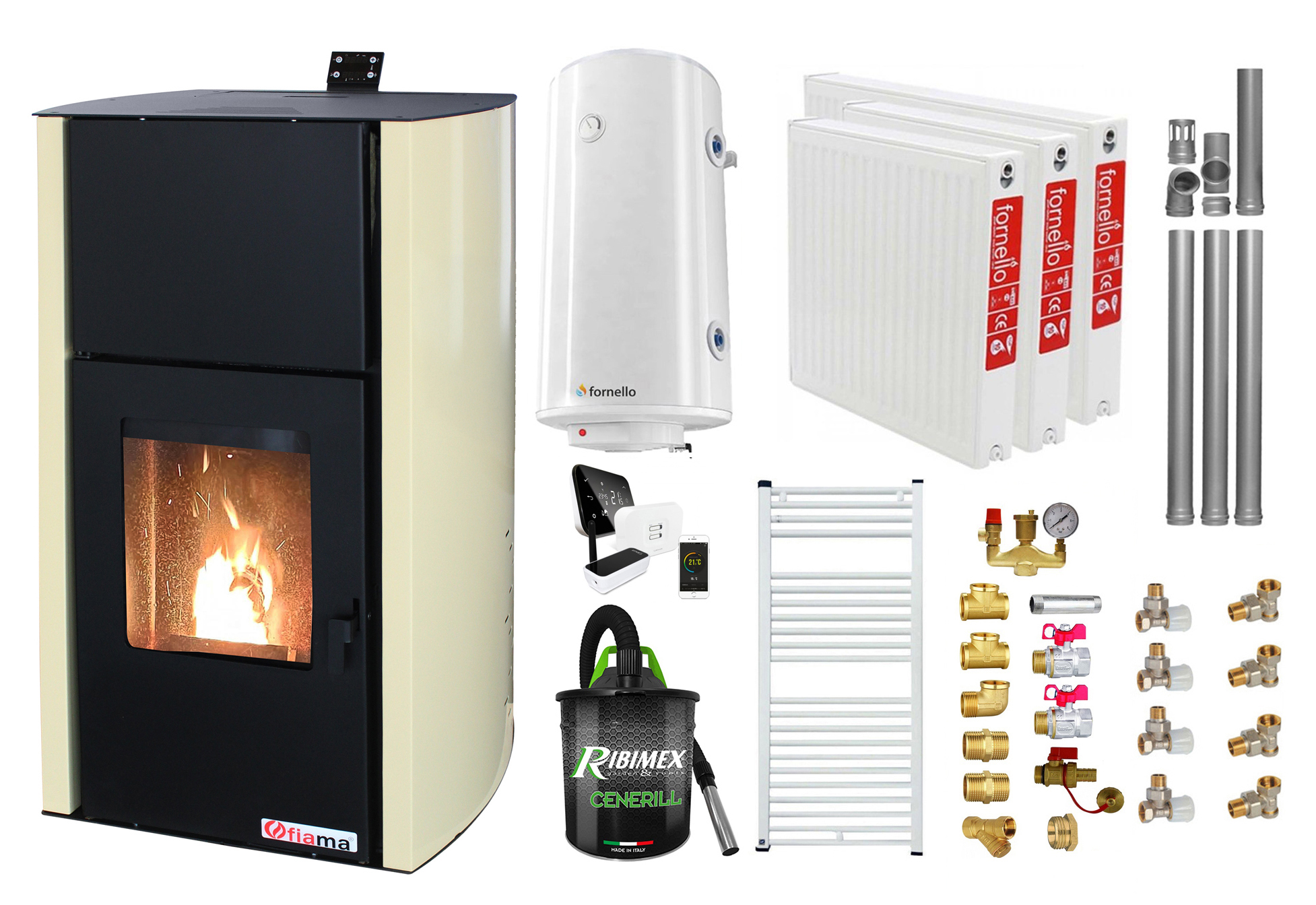 Pachet control de la distanta, Termosemineu pe peleti Fiama Confort 13 kw, Pompa, Vas expansiune, Automatizare, Radiatoare otel, Boiler 100 litri, Termostat, Aspirator, Kit 3.5 ml si Fitinguri montaj