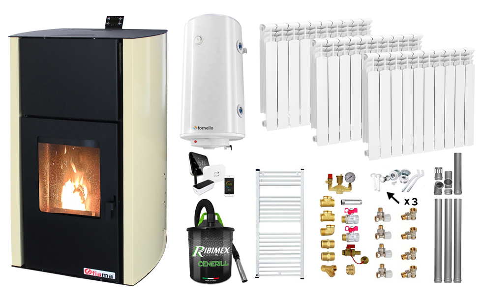 Pachet control de la distanta, Termosemineu pe peleti Fiama Confort 13 kw, Pompa, Vas expansiune, Automatizare, Calorifere aluminiu, Boiler 100 litri, Termostat, Aspirator, Kit 3.5 ml si Fitinguri montaj