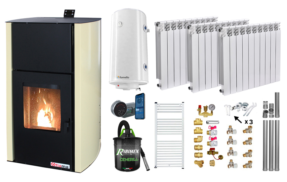 Pachet control de la distanta Termosemineu pe peleti Fornello Fiama Confort 12 kw Pompa Vas expansiune Automatizare Calorifere aluminiu Fornello Alvo Boiler 100 litri Termostat Aspirator Kit 3.5 ml si Fitinguri montaj