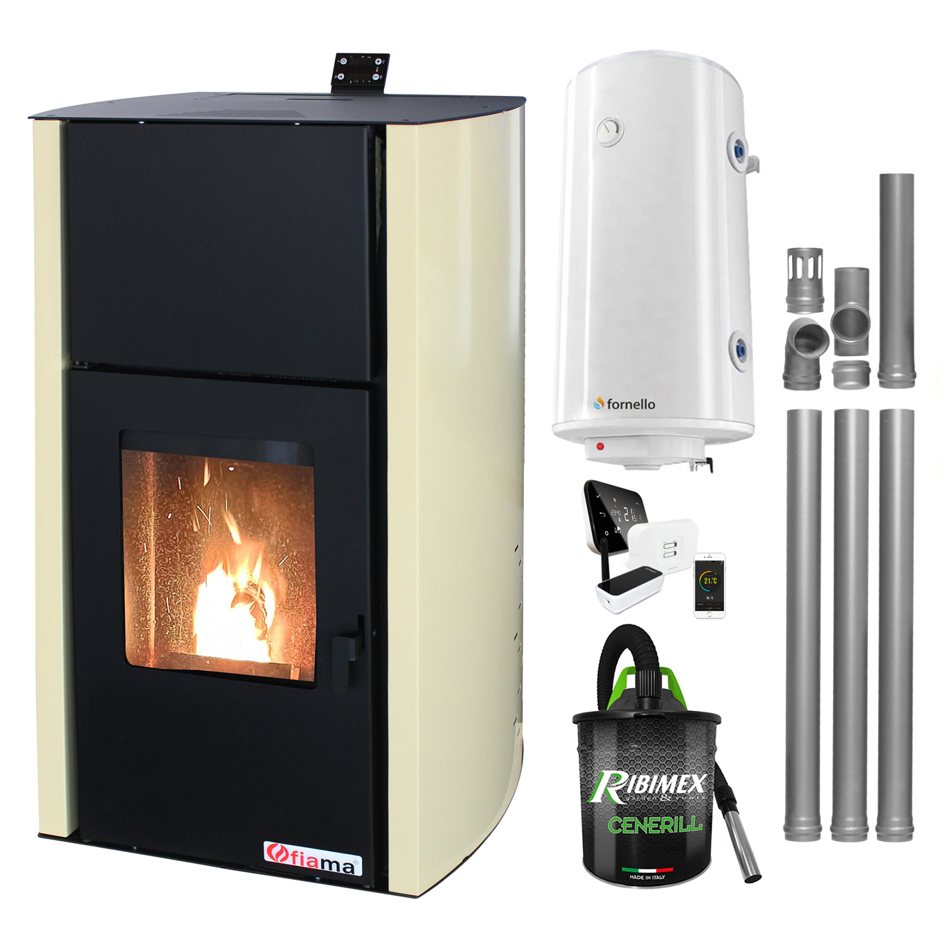 Pachet control de la distanta, Termosemineu pe peleti Fiama Confort 18 kw, complet echipat pentru incalzire, Pompa, Vas expansiune, Automatizare, Boiler 100 litri, Termostat Salus IT 500, Aspirator Cenusa si Kit evacuare 3.5 ml