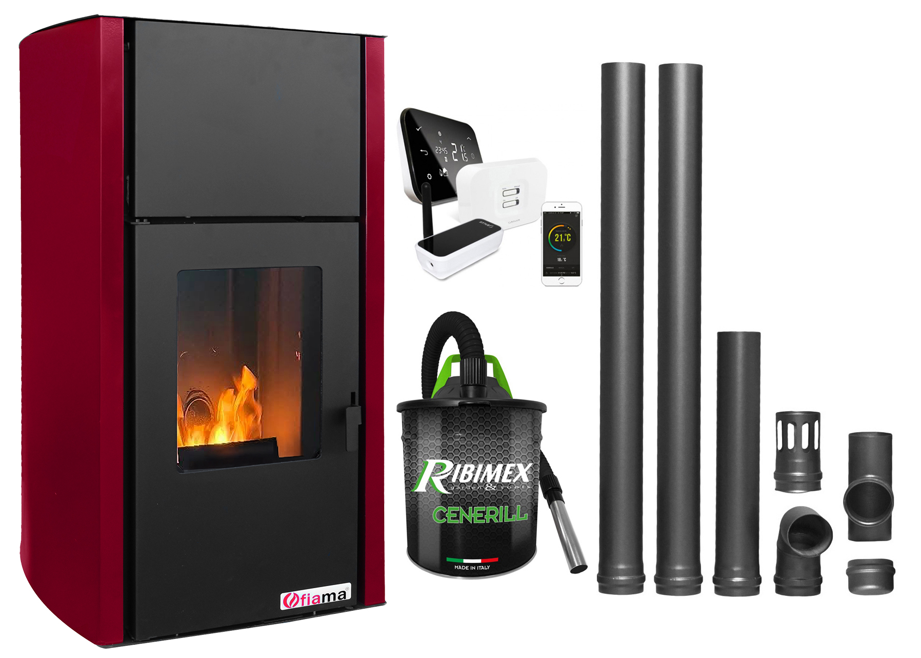 Pachet control de la distanta, Termosemineu pe peleti Fiama Confort 25 kw,  culoare Bordeaux, complet echipat pentru incalzire, Pompa, Vas expansiune, Automatizare, Termostat ambiental Salus IT 500, Aspirator Cenusa si Kit evacuare 2.5 ml