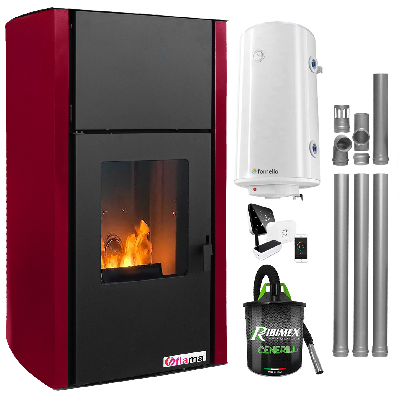 Pachet control de la distanta, Termosemineu pe peleti Fiama Confort 25 kw, culoare Bordeaux, complet echipat pentru incalzire, Pompa, Vas expansiune, Automatizare, Boiler 100 litri, Termostat Salus IT 500, Aspirator Cenusa si Kit evacuare 3.5 ml