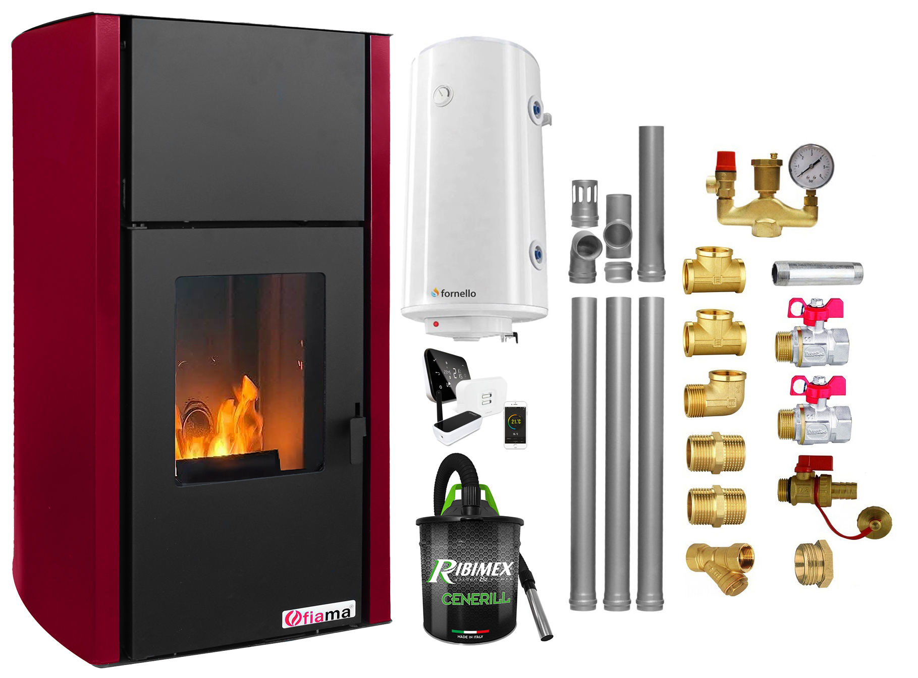 Pachet control de la distanta, Termosemineu pe peleti Fiama Confort 25 kw, culoare Bordeaux,  complet echipat pentru incalzire, Pompa, Vas expansiune, Automatizare, Boiler 100 litri, Termostat Salus IT 500, Aspirator, Kit evacuare 3.5 ml si Fitinguri