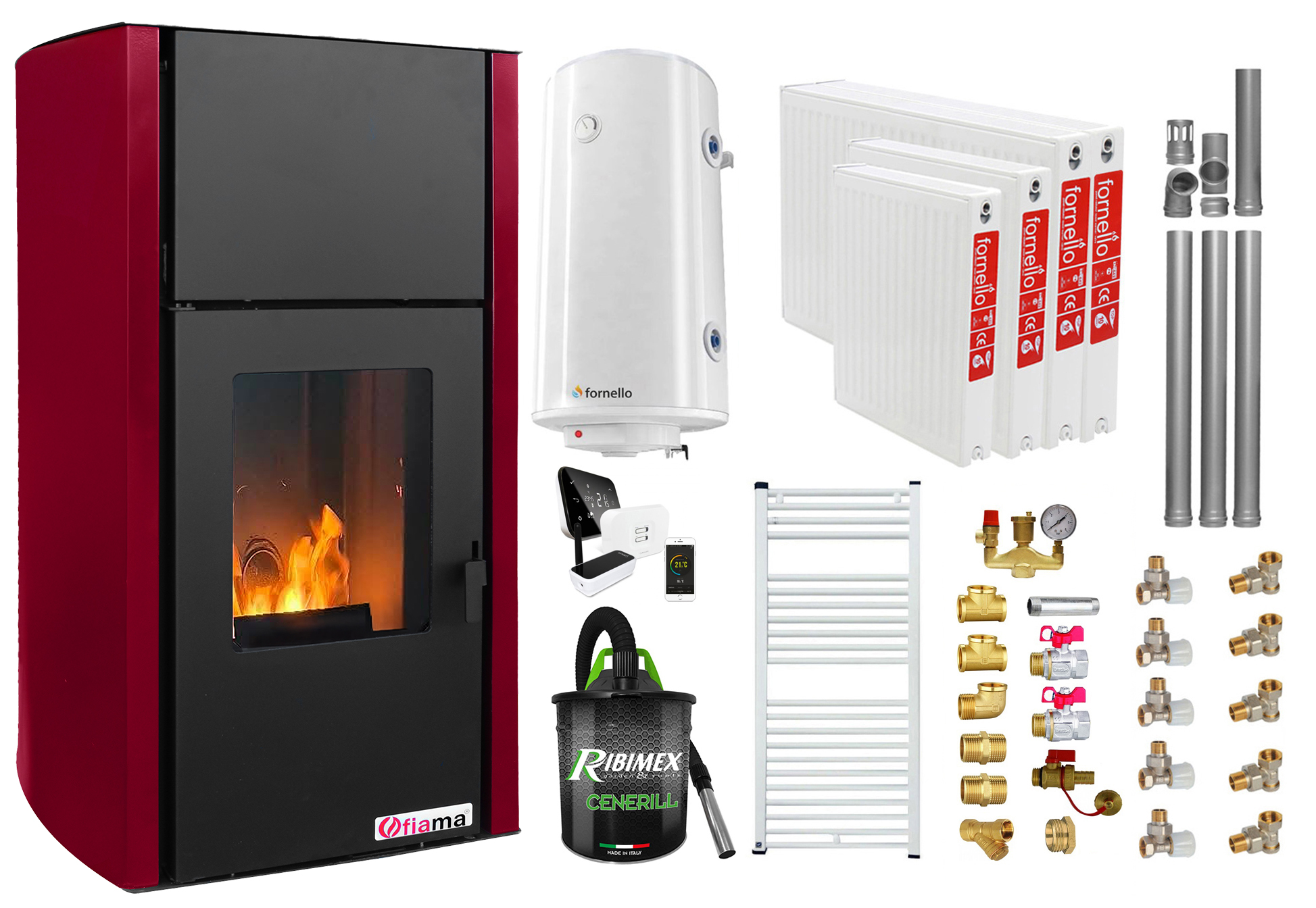 Pachet control de la distanta, Termosemineu pe peleti Fiama Confort 25 kw, culoare Bordeaux, Pompa, Vas expansiune, Automatizare, Radiatoare otel, Boiler 100 litri, Termostat, Aspirator, Kit 3.5 ml si Fitinguri montaj