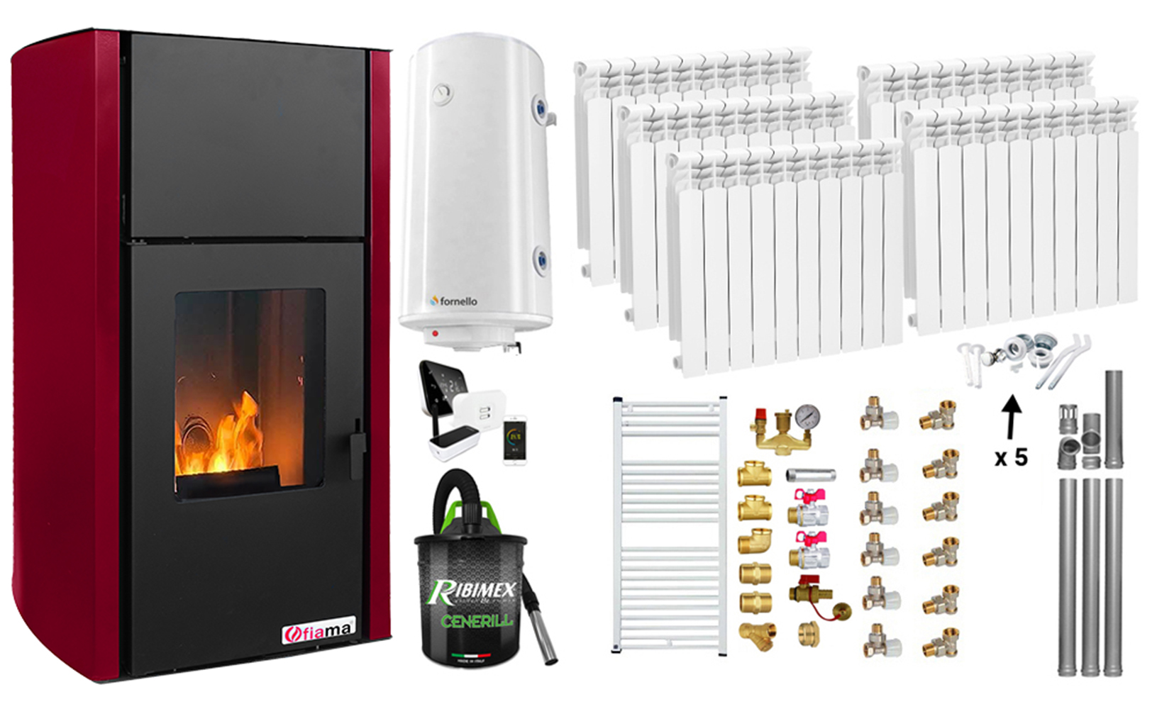 Pachet control de la distanta, Termosemineu pe peleti Fiama Confort 25 kw, culoare Bordeaux, Pompa, Vas expansiune, Automatizare, Calorifere aluminiu, Boiler 100 litri, Termostat, Aspirator, Kit 3.5 ml si Fitinguri montaj