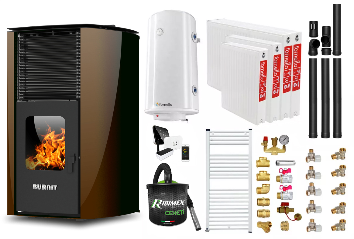 Pachet  control de la distanta Termosemineu pe peleti Burnit Advant Novation Brown 25 kw, echipata cu pompa de circulatie, vas de expansiune, automatizare, Radiatoare otel, Fitinguri, Boiler, Termostat, Aspirator Cenusa si Kit evacuare 3.5 ml
