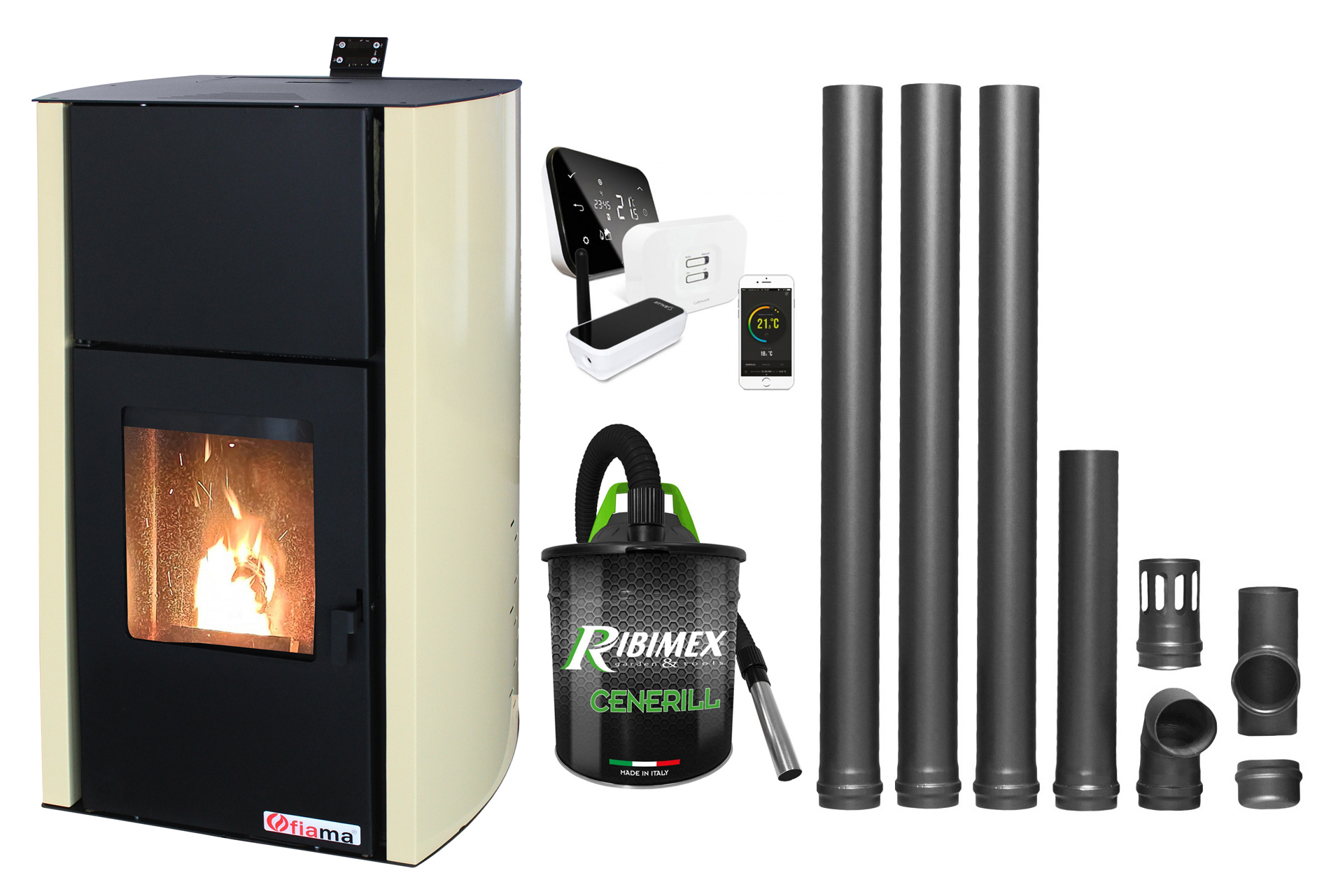 Pachet control de la distanta Termosemineu pe peleti Fornello Fiama Confort 30 kW, cu pompa, vas expansiune, automatizare, termostat, aspirator, kit evacuare 3.5 ml, buncar 35 kg, tiraj fortat, culoare crem, pana la 200 mp