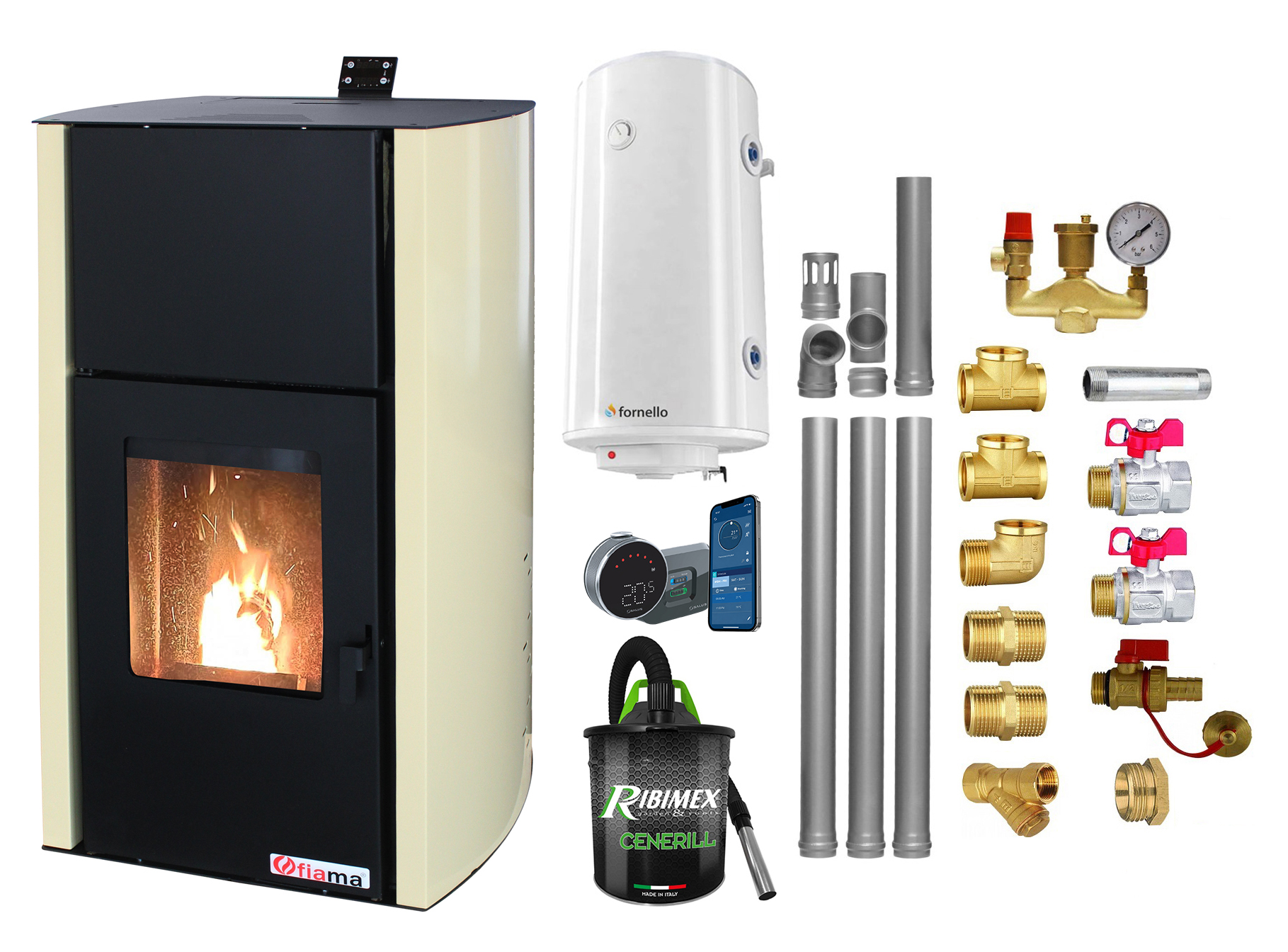 Pachet control de la distanta Termosemineu pe peleti Fornello Fiama Confort 30 kW cu pompa vas expansiune automatizare boiler termostat aspirator kit evacuare 3.5 ml fitinguri buncar 35 kg culoare crem pana la 200 mp