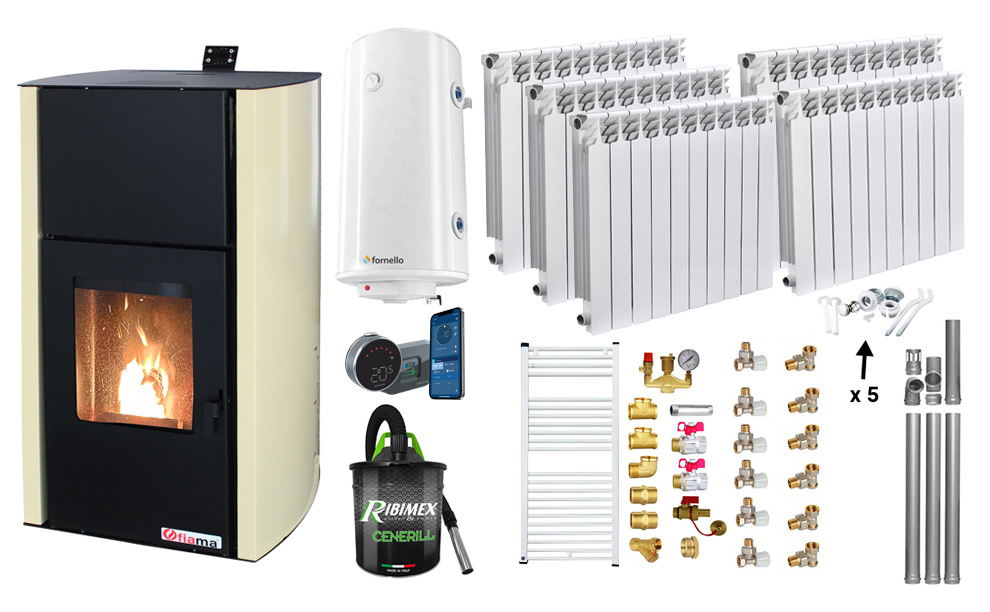 Pachet Control de la distanta Termosemineu pe peleti Fornello Fiama Confort 30 kW pompa vas expansiune automatizare calorifere aluminiu Fornello Alvo boiler termostat aspirator kit evacuare fitinguri culoare crem