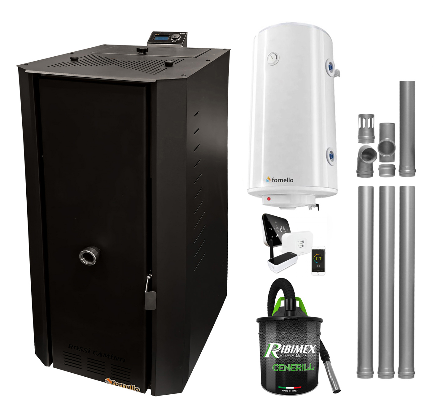 Pachet control de la distanta Centrala termica pe peleti Fornello Rossi B Black 25 kw, pompa de circulatie, vas expansiune, tiraj fortat, Ecodesign, A+, Boiler Termoelectric Fornello 100 l, Termostat Salus IT500, Aspirator si Kit evacuare 3.5 ml Centrale pe peleti