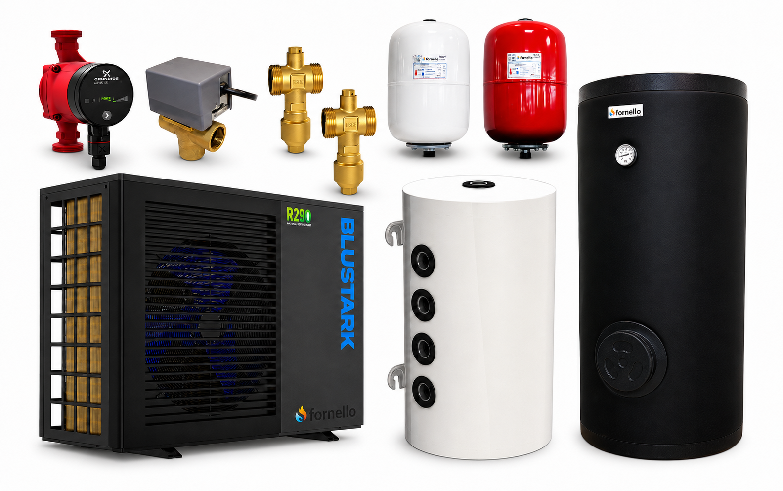 Pachet incalzire prin pardoseala 120 mp cu pompa de caldura Fornello BLUSTARK R290 8.3 kW Automatizare Teava Distribuitor Grup amestec Boiler 200 litri 2S Puffer 100 litri Vana deviatoare 3 cai Valve anti-inghet si Vase expansiune
