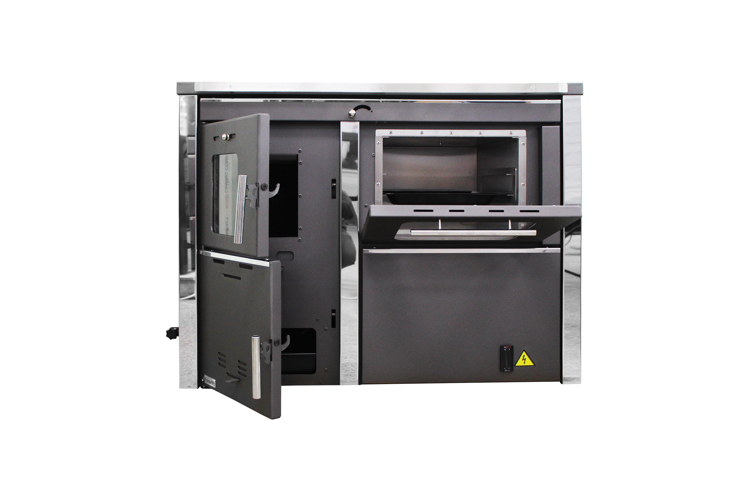 Pachet incalzire si apa calda 2 camere Termosemineu FORNELLO STAR Red 34 kw pe combustibil solid prevazut cu plita si cuptor pentru gatit echipat cu pompa de circulare cos inox boiler termoelectric 100l vas expansiune kit montaj si calorifere