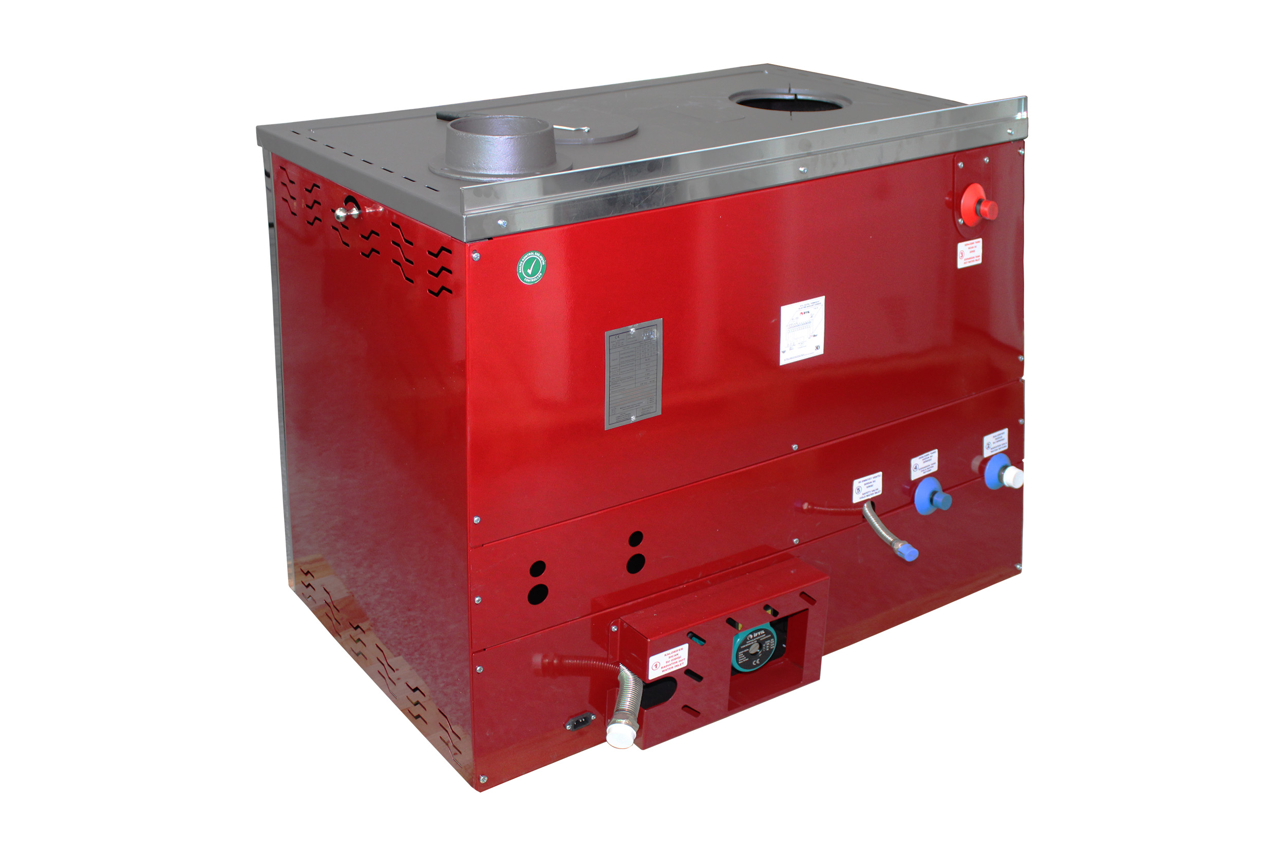 Pachet incalzire si apa calda 4 camere Termosemineu FORNELLO STAR Red 34 kw pe combustibil solid prevazut cu plita si cuptor pentru gatit echipat cu pompa de circulare cos inox boiler termoelectric 100l vas expansiune kit montaj si calorifere