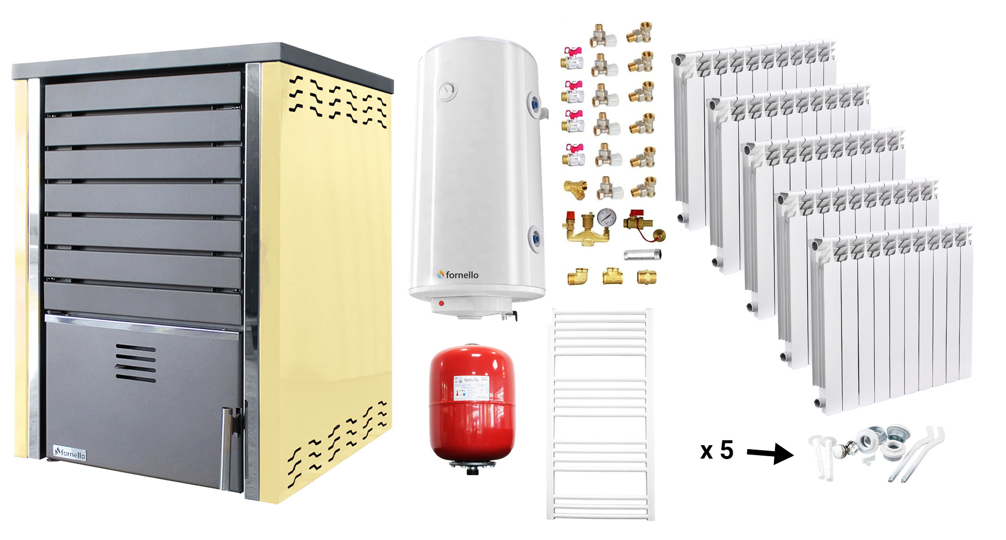 Pachet incalzire si apa calda Centrala pe lemne FORNELLO SAUNA CREAM 30 kw echipata cu pompa de circulare, calorifere aluminiu, boiler termoelectric 100l, vas expansiune si kit montaj