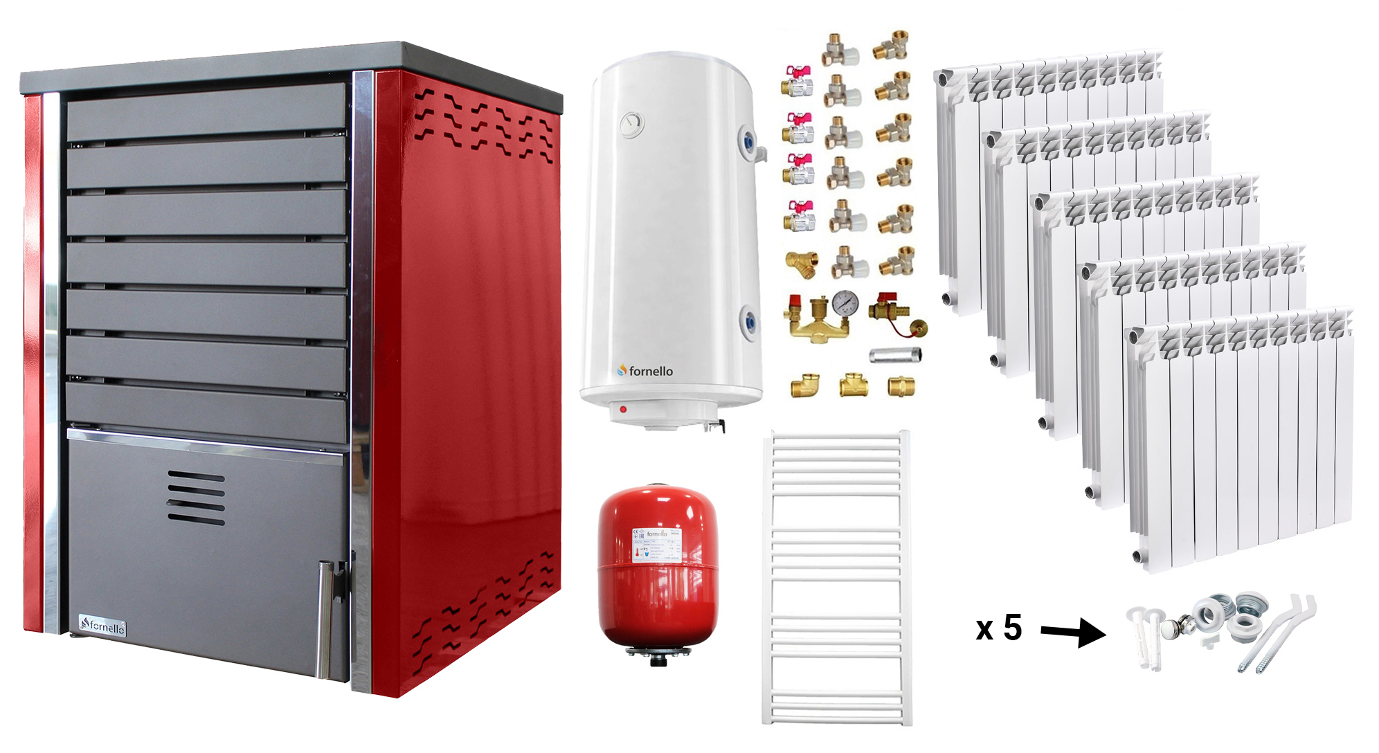 Pachet incalzire si apa calda Centrala pe lemne FORNELLO SAUNA RED 30 kw echipata cu pompa de circulare, calorifere aluminiu, boiler termoelectric 100l, vas expansiune si kit montaj