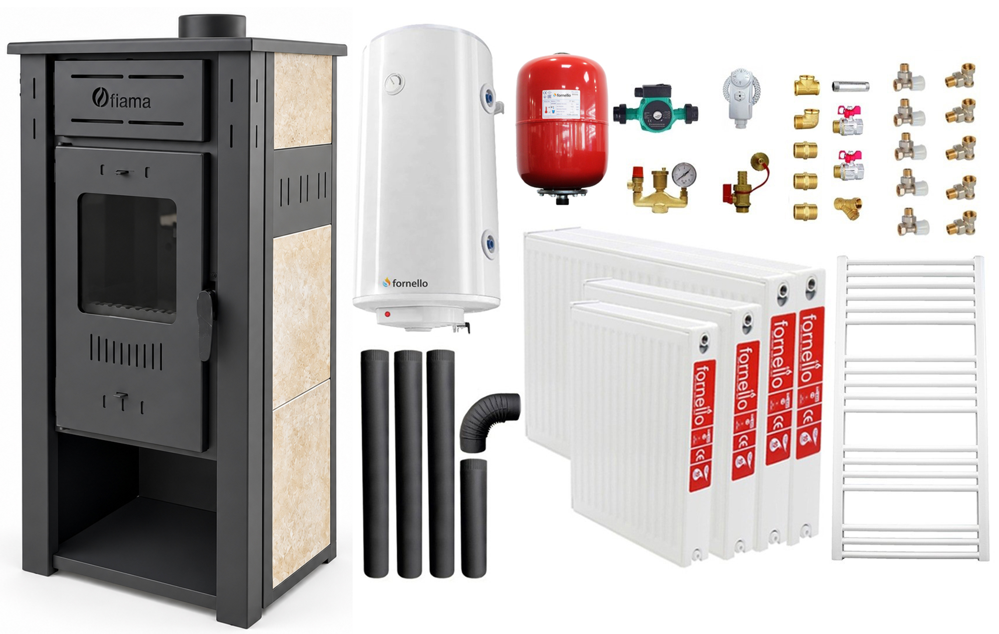 Pachet incalzire si apa calda pentru 3 camere Termosemineu pe lemne brichete si carbune  FIAMA AMBASADOR Ivory 245 kW boiler termoelectric 100l vas expansiune pompa circulatie kit evacuare calorifere si kit montaj