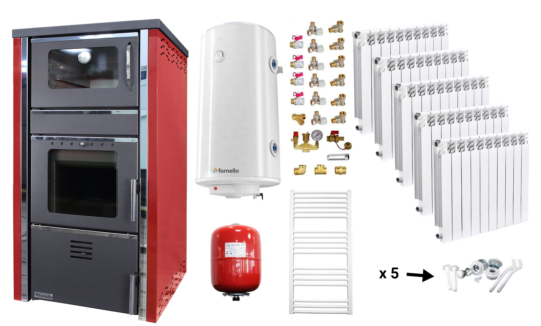 Pachet incalzire si apa calda Termosemineu FORNELLO AVANOS 32 kw Red pe combustibil solid ( lemn,carbune,bricheti ), calorifere aluminiu, boiler termoelectric 100l, vas expansiune si kit montaj