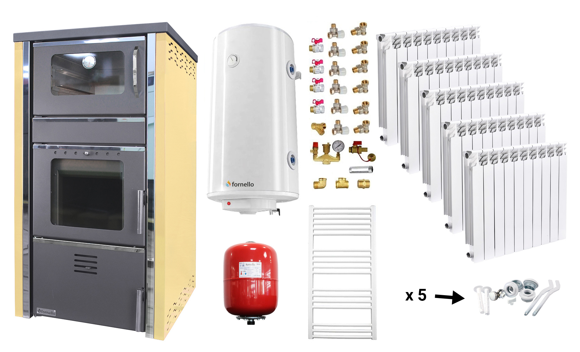 Pachet incalzire si apa calda Termosemineu FORNELLO AVANOS 32 kw Ivory pe combustibil solid ( lemn,carbune,bricheti ), calorifere aluminiu, boiler termoelectric 100l, vas expansiune si kit montaj