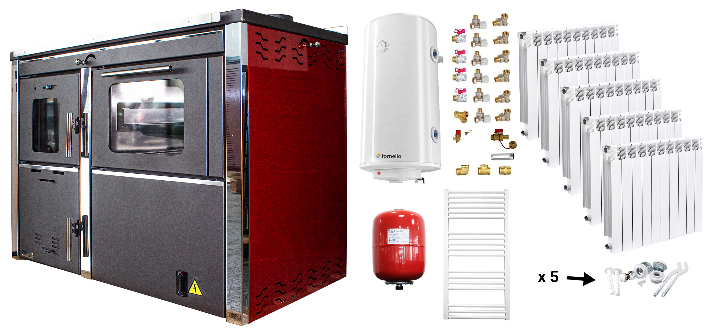 Pachet incalzire si apa calda Termosemineu FORNELLO STAR Red 34 kw pe combustibil solid, echipat cu pompa de circulare, calorifere aluminiu, boiler termoelectric 100l, vas expansiune si kit montaj
