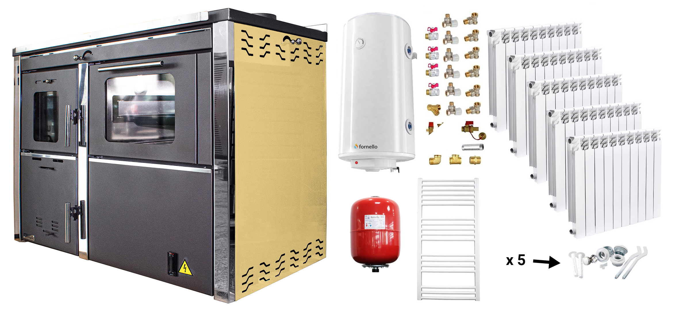 Pachet incalzire si apa calda Termosemineu FORNELLO STAR CREAM 34 kw pe combustibil solid, echipat cu pompa de circulare, calorifere aluminiu, boiler termoelectric 100l, vas expansiune si kit montaj