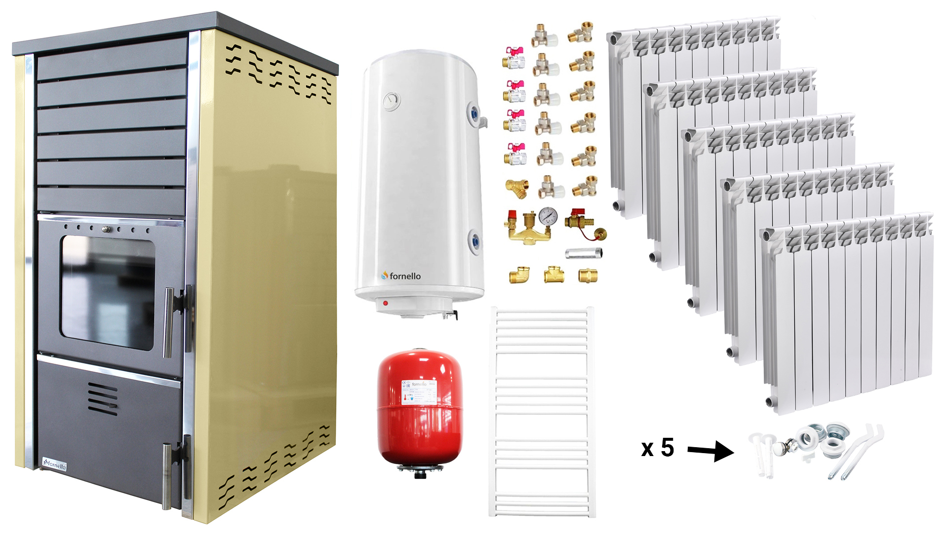Pachet incalzire si apa calda Termosemineu FORNELLO SUPERNOVA CREAM 38 KW pe combustibil solid ( lemn,carbune,bricheti ), echipat cu pompa de circulare, calorifere aluminiu Fornello Alvo, boiler termoelectric 100l, vas expansiune si kit montaj