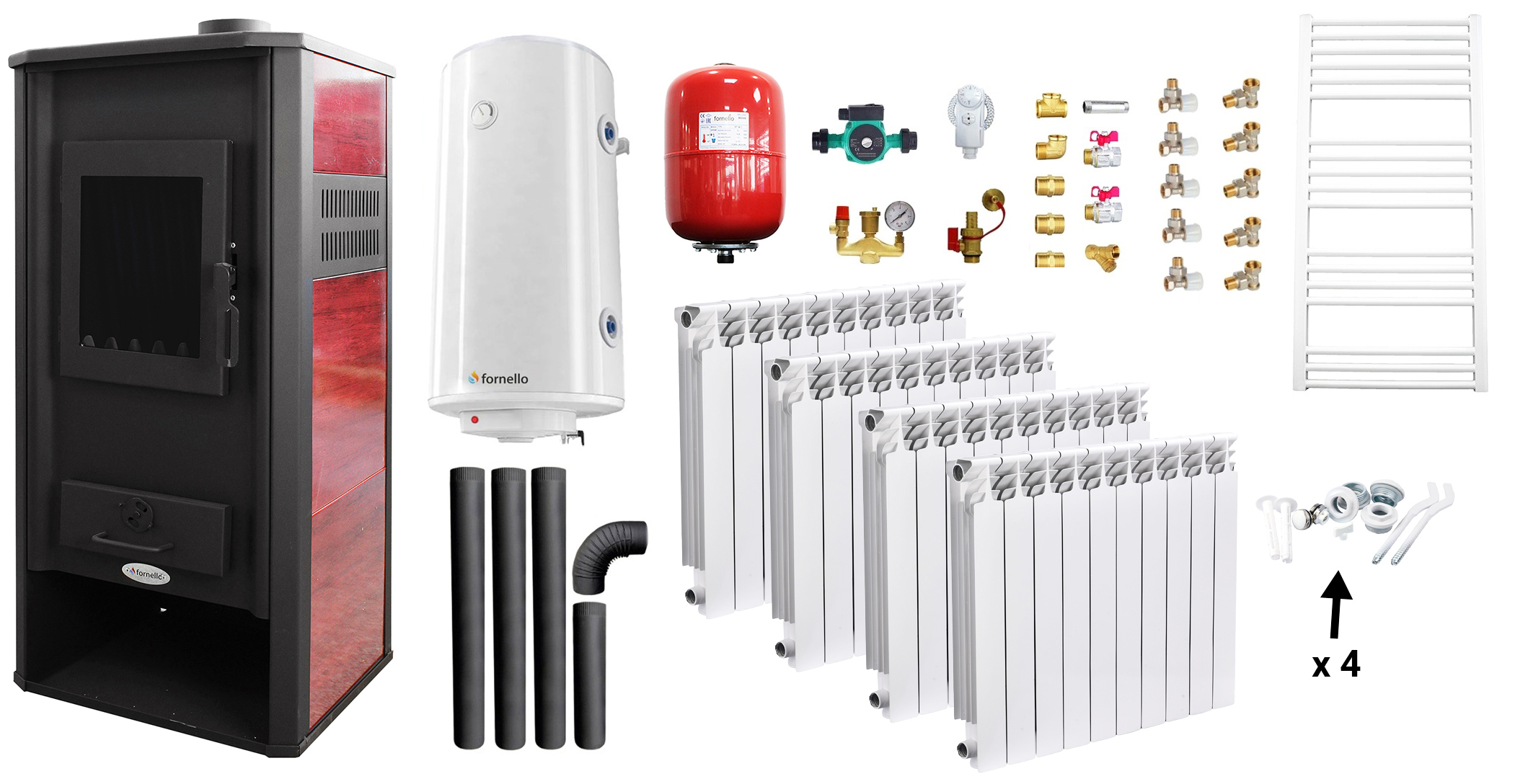 Pachet incalzire si apa calda Termosemineu pe lemne, brichete si carbune Fornello Roma E, Bordeaux, 22 kW, calorifere aluminiu, boiler termoelectric 100l, vas expansiune, pompa circulatie, kit evacuare kit montaj