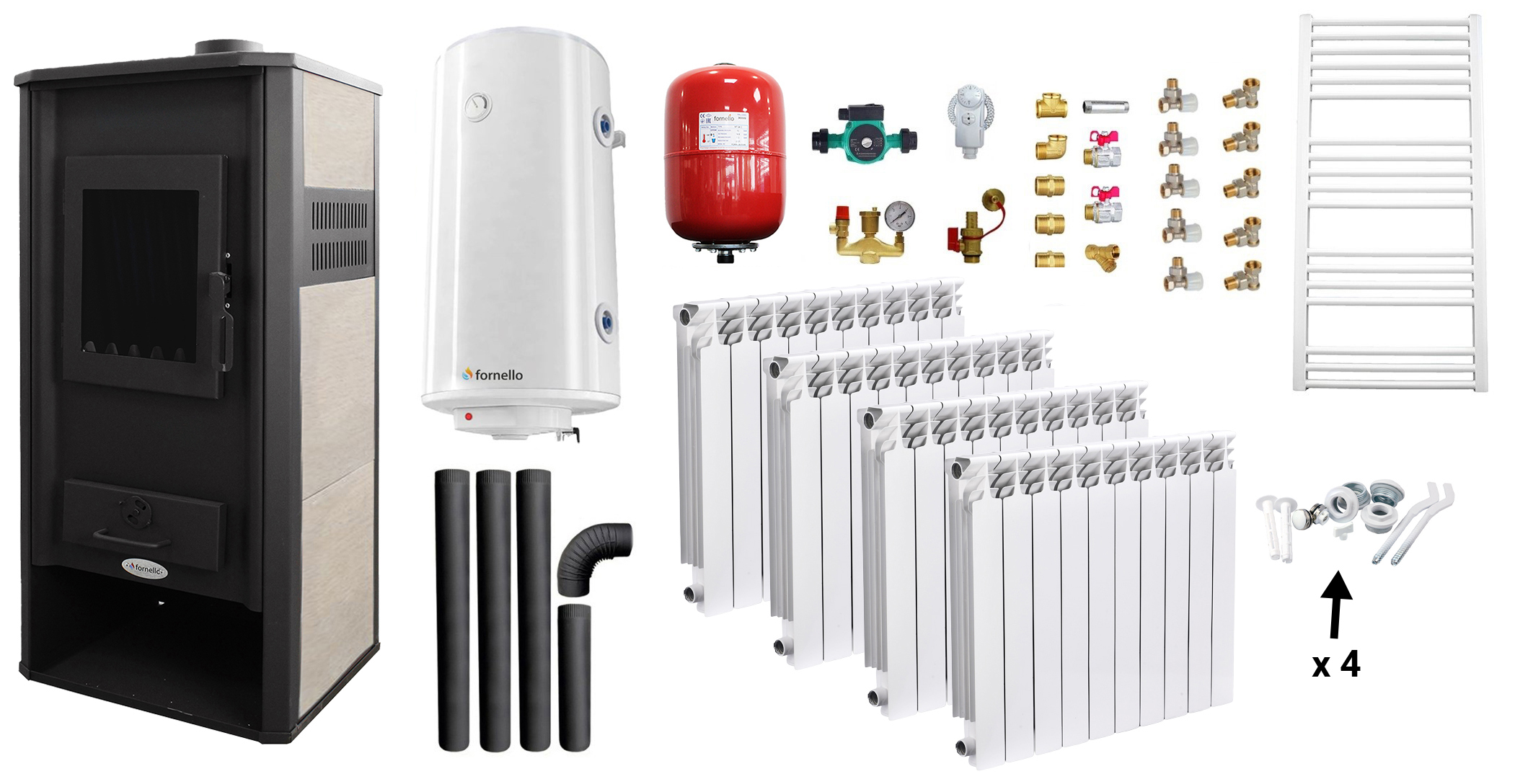 Pachet incalzire si apa calda Termosemineu pe lemne, brichete si carbune Fornello Roma E, Ivory, 22 kW, calorifere aluminiu, boiler termoelectric 100l, vas expansiune, pompa circulatie, kit evacuare kit montaj