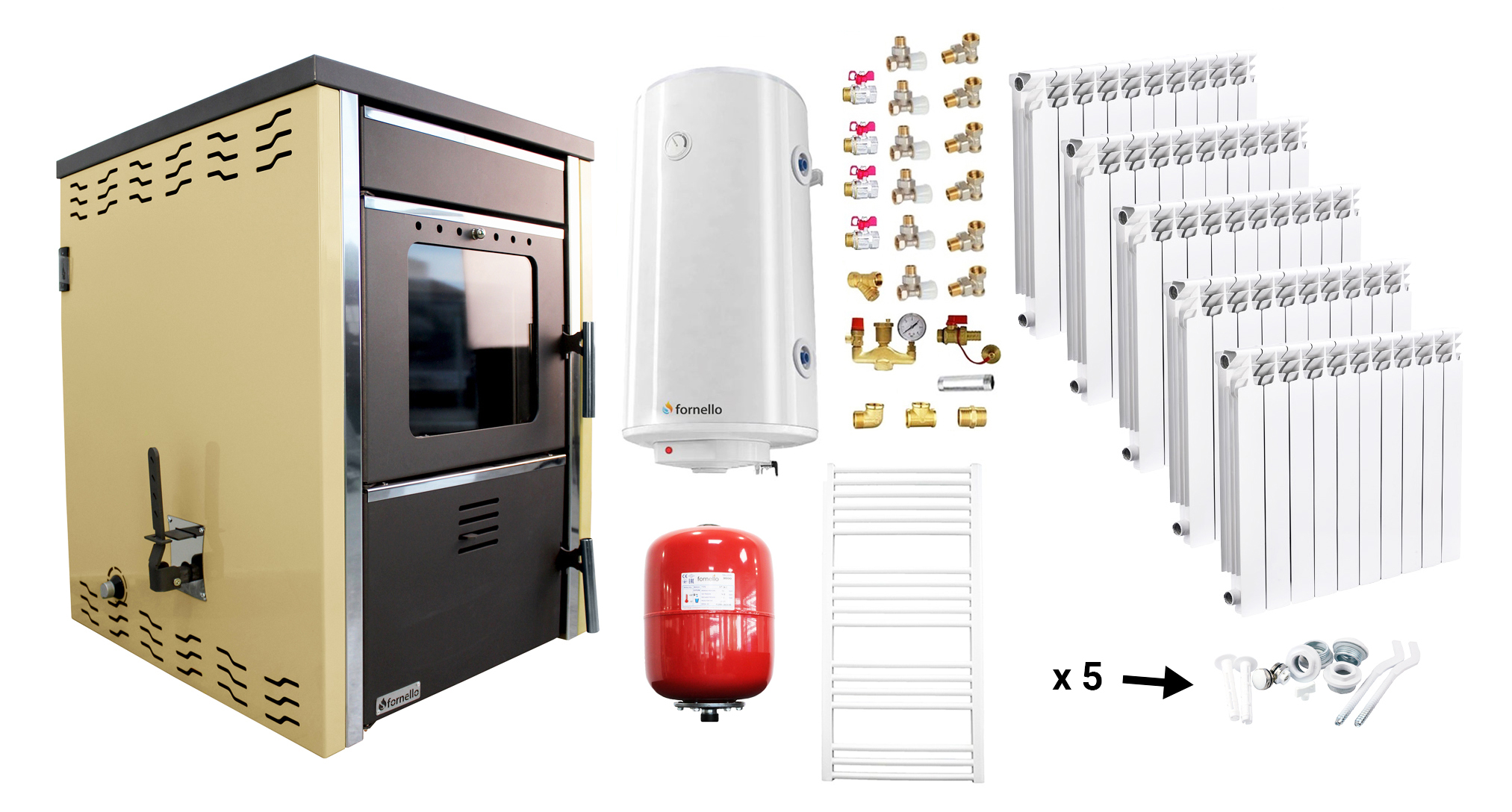 Pachet incalzire si apa calda Termosemineu pe lemne FORNELLO TOROS 29 kw Ivory pe combustibil solid ( lemn,carbune,bricheti ), calorifere aluminiu Fornello Alvo, boiler termoelectric 100l, vas expansiune si kit montaj