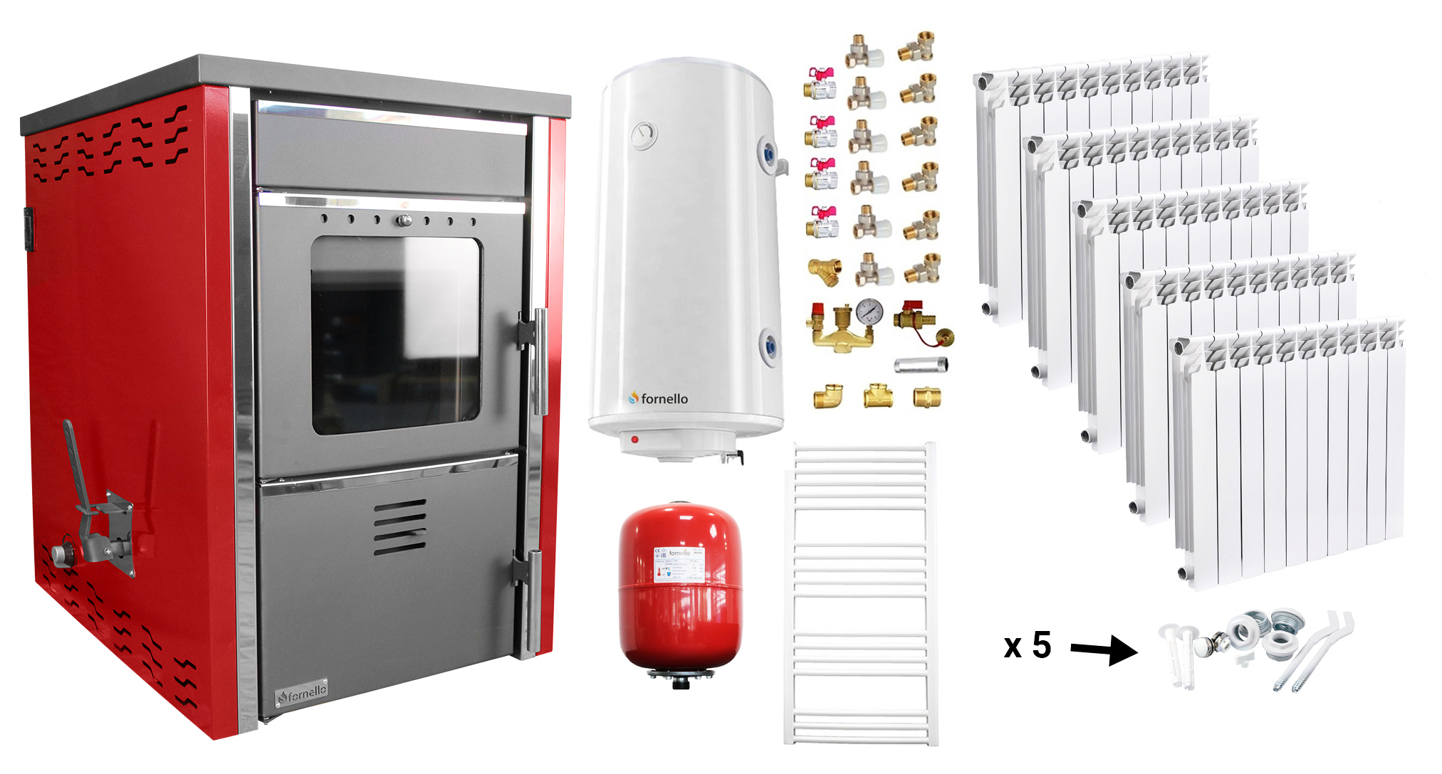 Pachet incalzire si apa calda Termosemineu pe lemne FORNELLO TOROS 29 kw Bordeaux pe combustibil solid ( lemn,carbune,bricheti ), calorifere aluminiu Fornello Alvo, boiler termoelectric 100l, vas expansiune si kit montaj