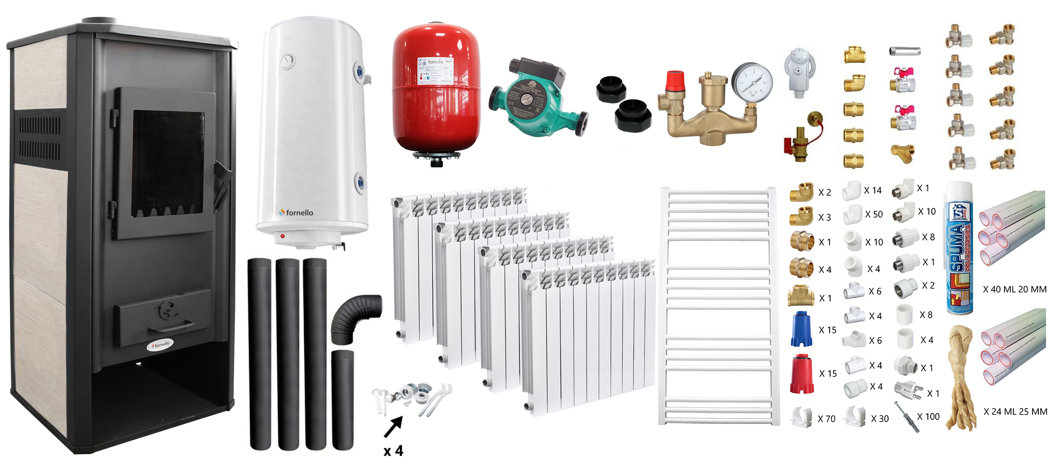 Pachet incalzire si apa calda Termosemineu pe lemne, brichete si carbune Fornello Roma E, Ivory, 22 kW, calorifere aluminiu, teava PPR si fitinguri, boiler termoelectric 100l, vas expansiune, pompa circulatie, kit evacuare kit montaj